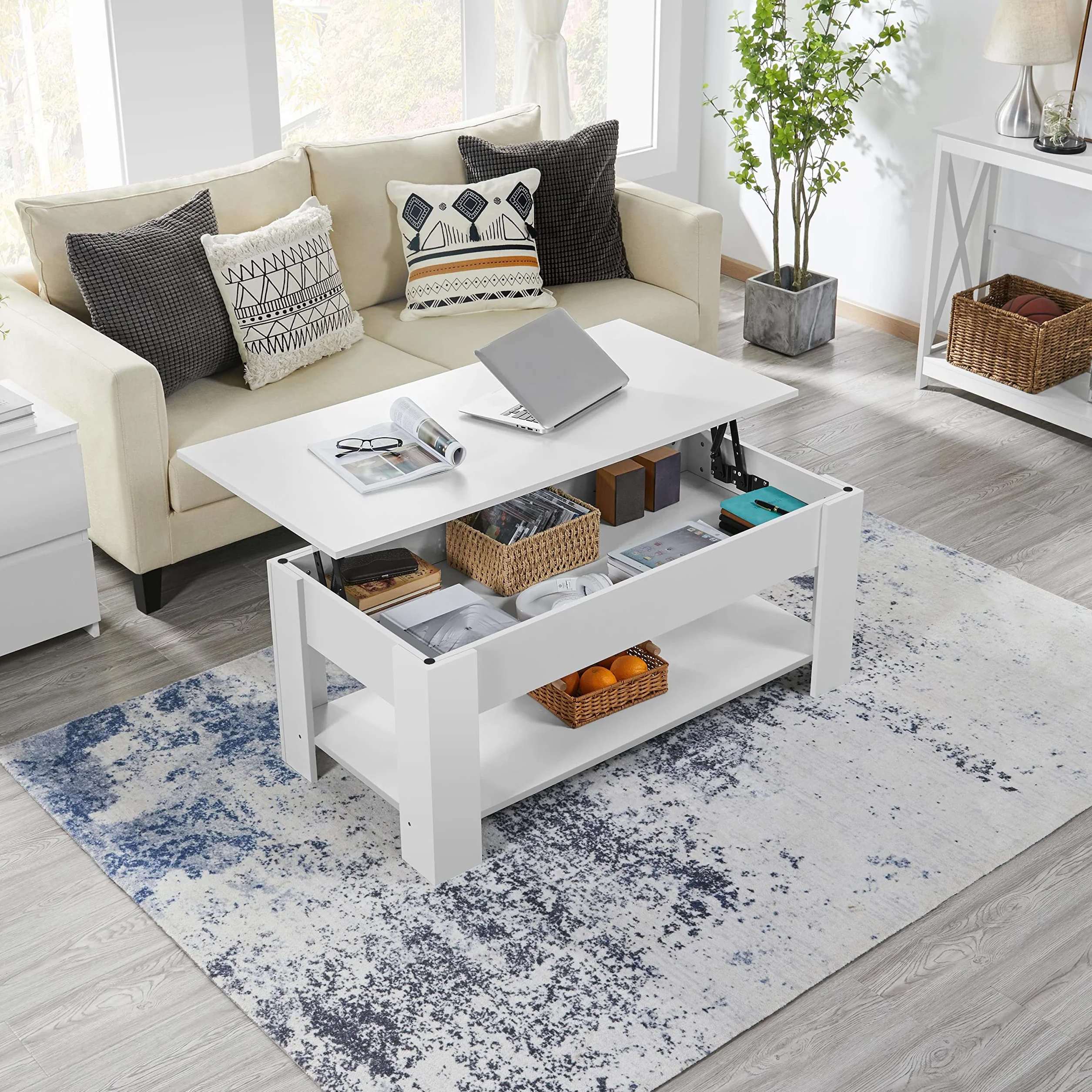 Yaheetech Mesa Centro Elevable con Estante Mesa Café con Revistero Mesita Baja de Moderno Grande para Salón 120 x 59 x 49,5 cm Blanco