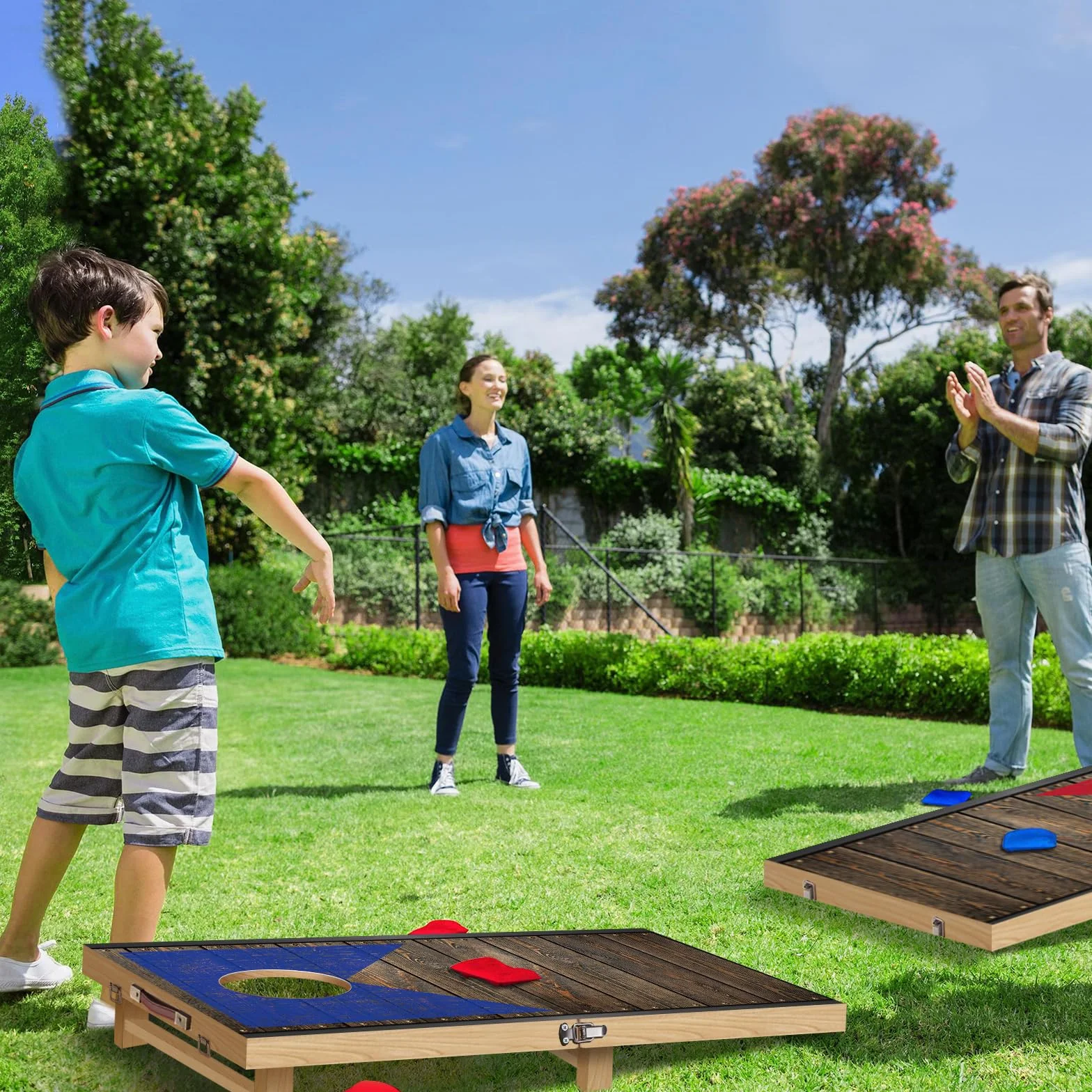 NZQXJXZ Juego de Cornhole de Madera Maciza - 120 x 55 cm Tablas de Cornhole Plegables con 8 pufs y una Bolsa de Transporte, Juegos portátiles de Lanzamiento de pufs para Adultos y Familia