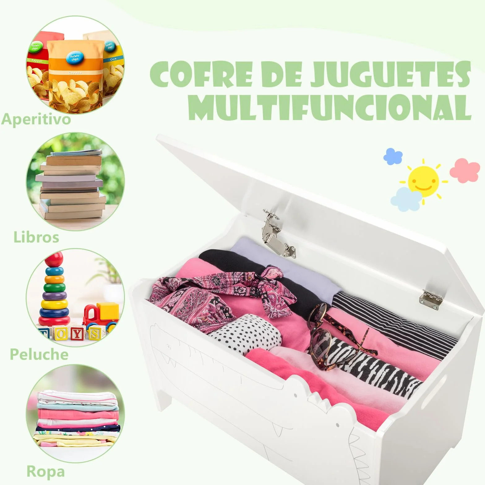 COSTWAY Caja de Almacenamiento de Juguetes de Madera, Cajón Infantil con Bisagra de Seguridad 33x60x37,5cm Blanco