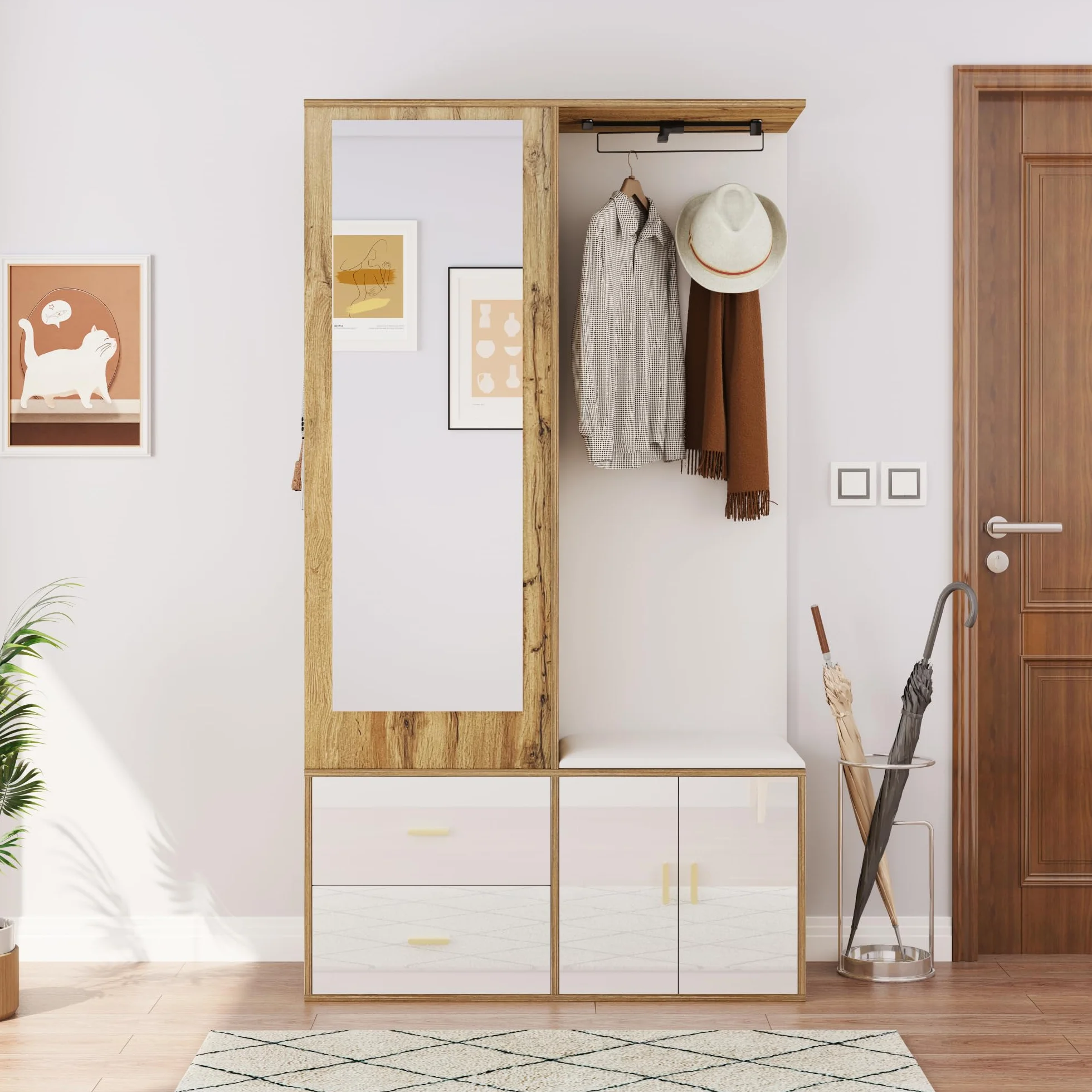 Moderno armario de entrada, juego de perchero con espejo, zapatero, zapatero con gancho y barra extensible, 100 x 38 x 180 cm (color blanco y madera)