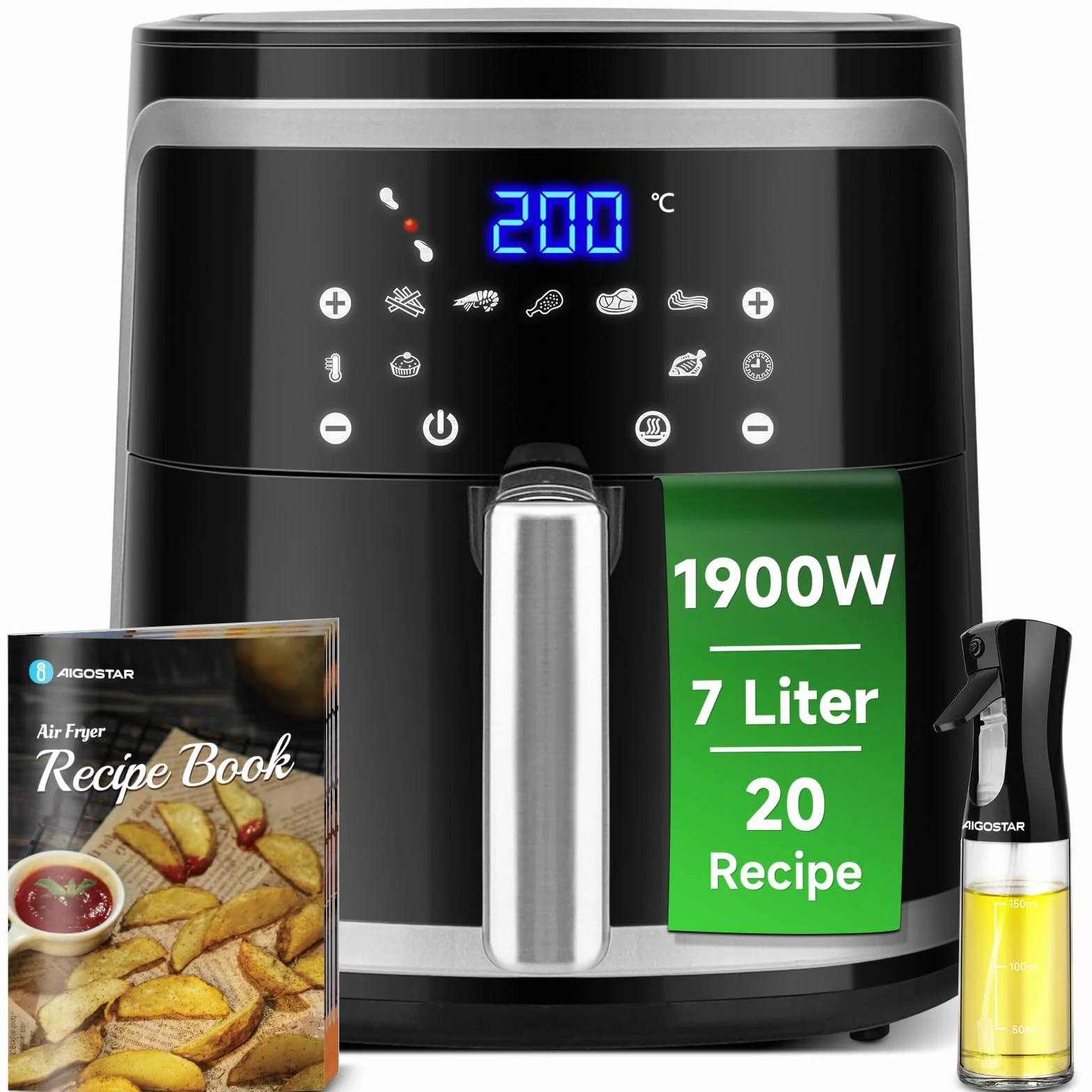 Aigostar Freidora de Aire 7L, 1900 W, Freidora sin Aceite con 7 Funciones, Pantalla Táctil LED, Doble Uso: con Cesta o Cajón. Sin BPA. Libro de Recetas Incluido, Cesta Antiadherente, Negra(IBT)