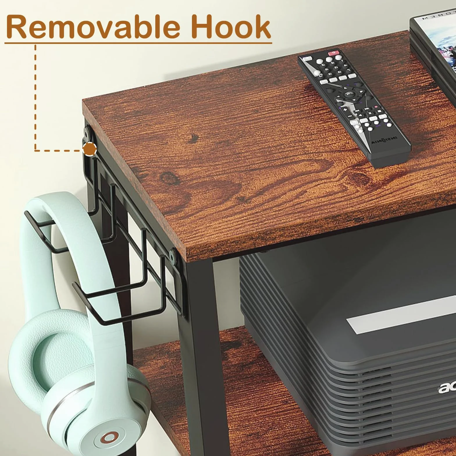 Estantería HiFi de 4 niveles de madera y acero para el hogar, con ganchos, estantería HiFi en forma de escalera con estantes para tocadiscos, equipos estéreos, equipos compactos y consolas de