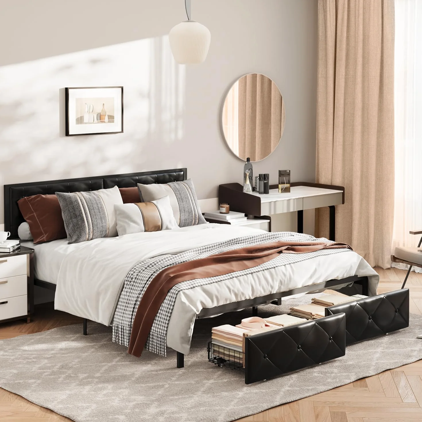 Marco de Cama Matrimonio de 180 x 200 cm con Base de Carga y Cabezal Acolchado, Estructura de Cama de Metal con Cesta, Ruedas de Metal, Capacidad de Peso de 300 kg, fácil de Montar