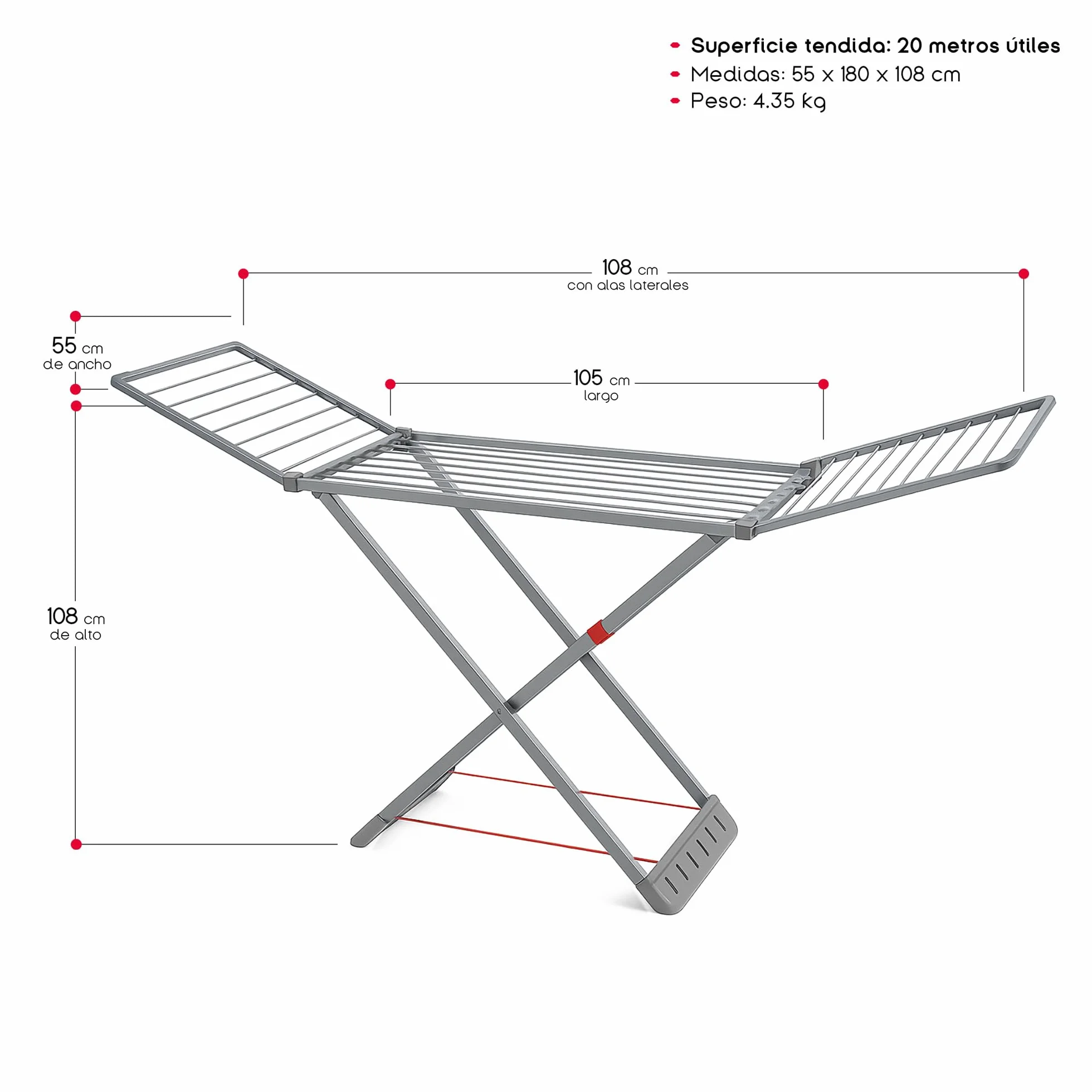 TIENDA EURASIA – Tendedero Plegable | Material Resina | Color Gris Claro | Superficie de Tendido 20 Metros | con Bloqueo de Seguridad | Medidas 55x180x108 cm