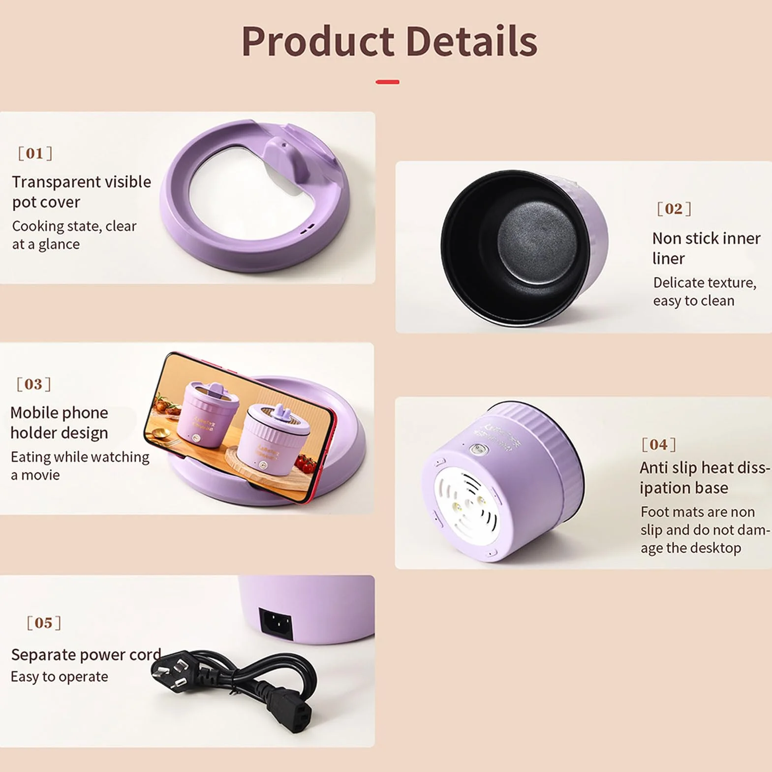 CREAMOON XDG159 Cocina Eléctrica Mini 1.2L Sartén Múltiple con Tapa y Soporte para Teléfono Portátil Morado