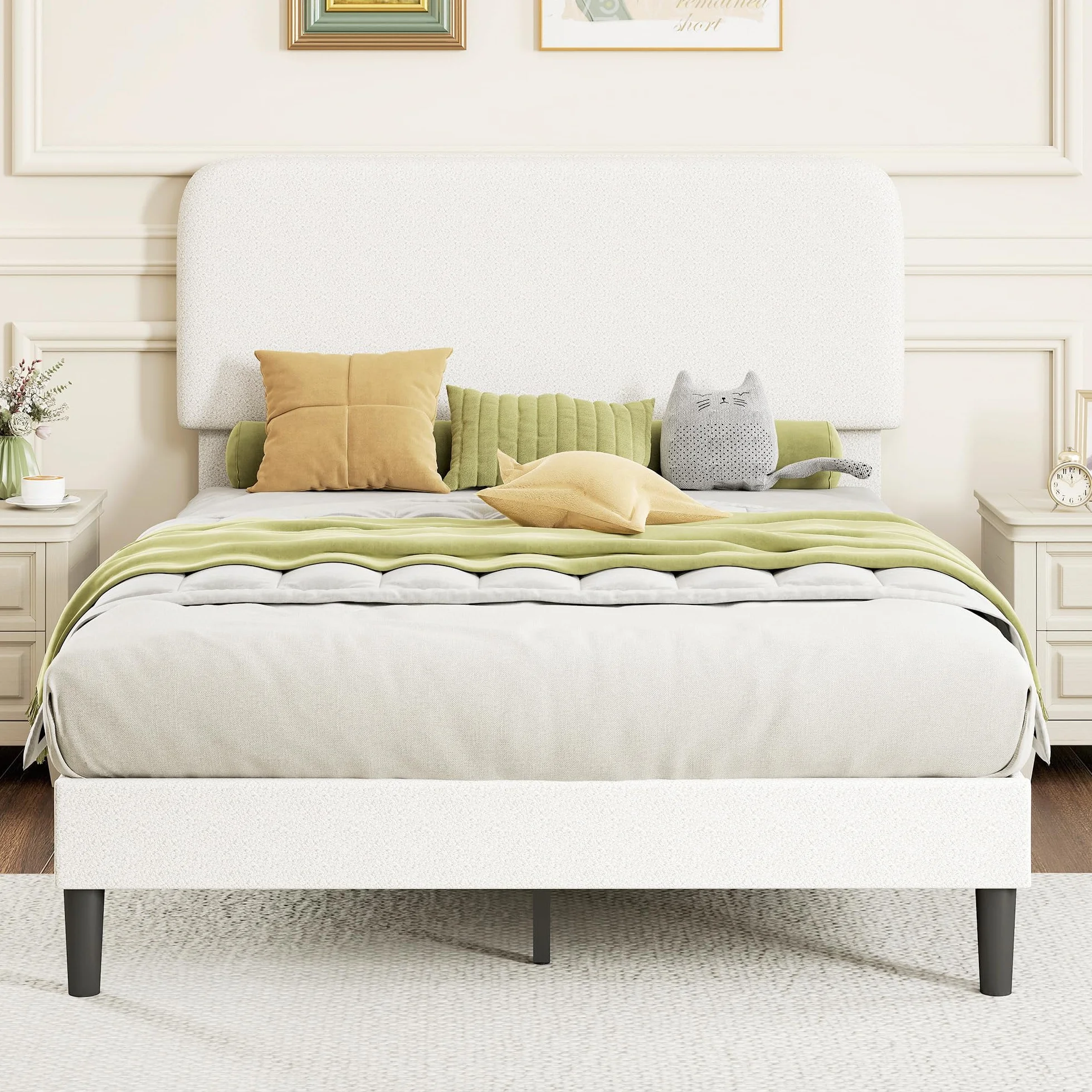 HOMCOM Cama Doble Tapizada en Borreguito, 135x190 cm, Cama Matrimonio con Cabecero Ajustable en Altura, Listones de Madera, Blanco