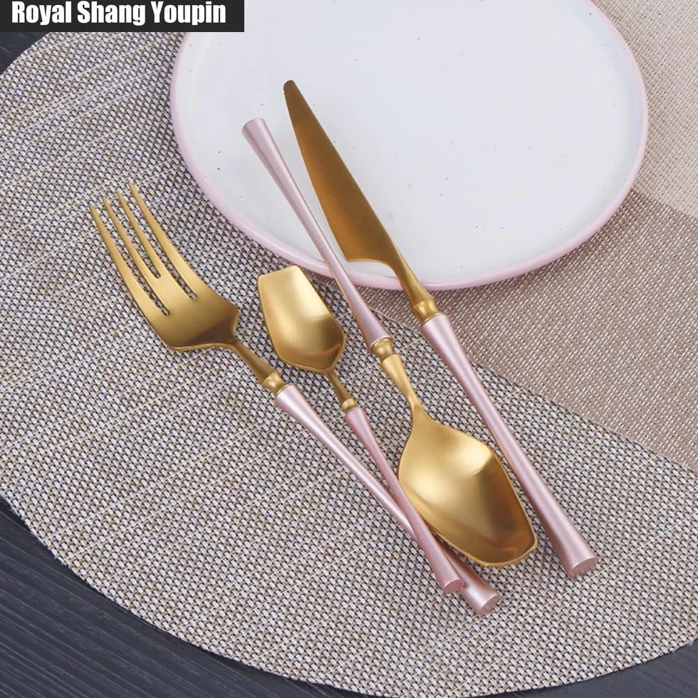 Exquisito Pequeño Cintura Bárbara Oro Rosa Cocina Cubiertos De Acero Inoxidable Vajilla Cubiertos Hogar Restaurantes Banquetes Filete Cuchillo Y Tenedor Cuchara De Ensalada (16 piezas)