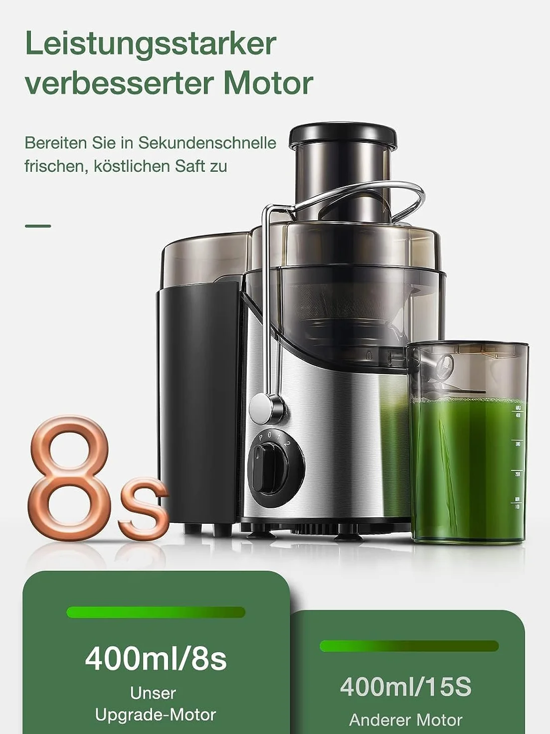 JUILIST Licuadoras Para Verduras y Frutas 400W Extractor de Jugo 65MM Boca Ancha 3 Velocidades Acero Inoxidable Sin BPA
