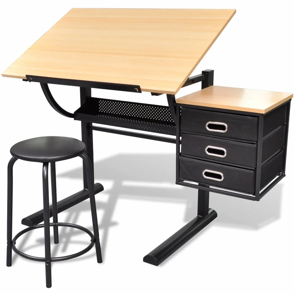 Anself - Mesa De Dibujo con Cajones Y Taburete, Escritorio Inclinable con Silla Y Tablero para Pintar Escribir
