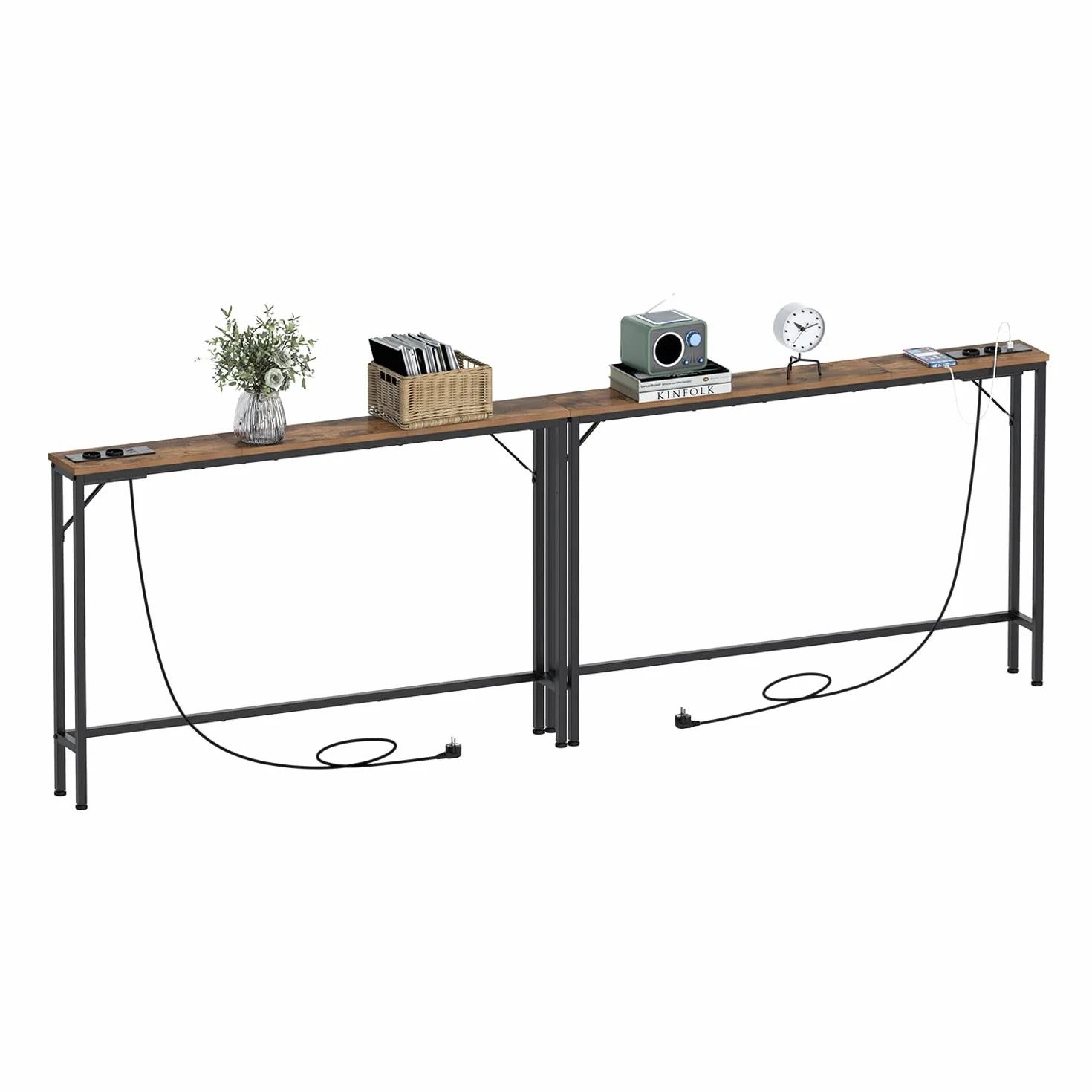 VEDECASA - Juego de 2 mesas de consola de 15 cm con toma y puertos USB, mesa auxiliar estrecha, mesa baja, para entrada, salón, pasillo, oficina, estructura de acero estable