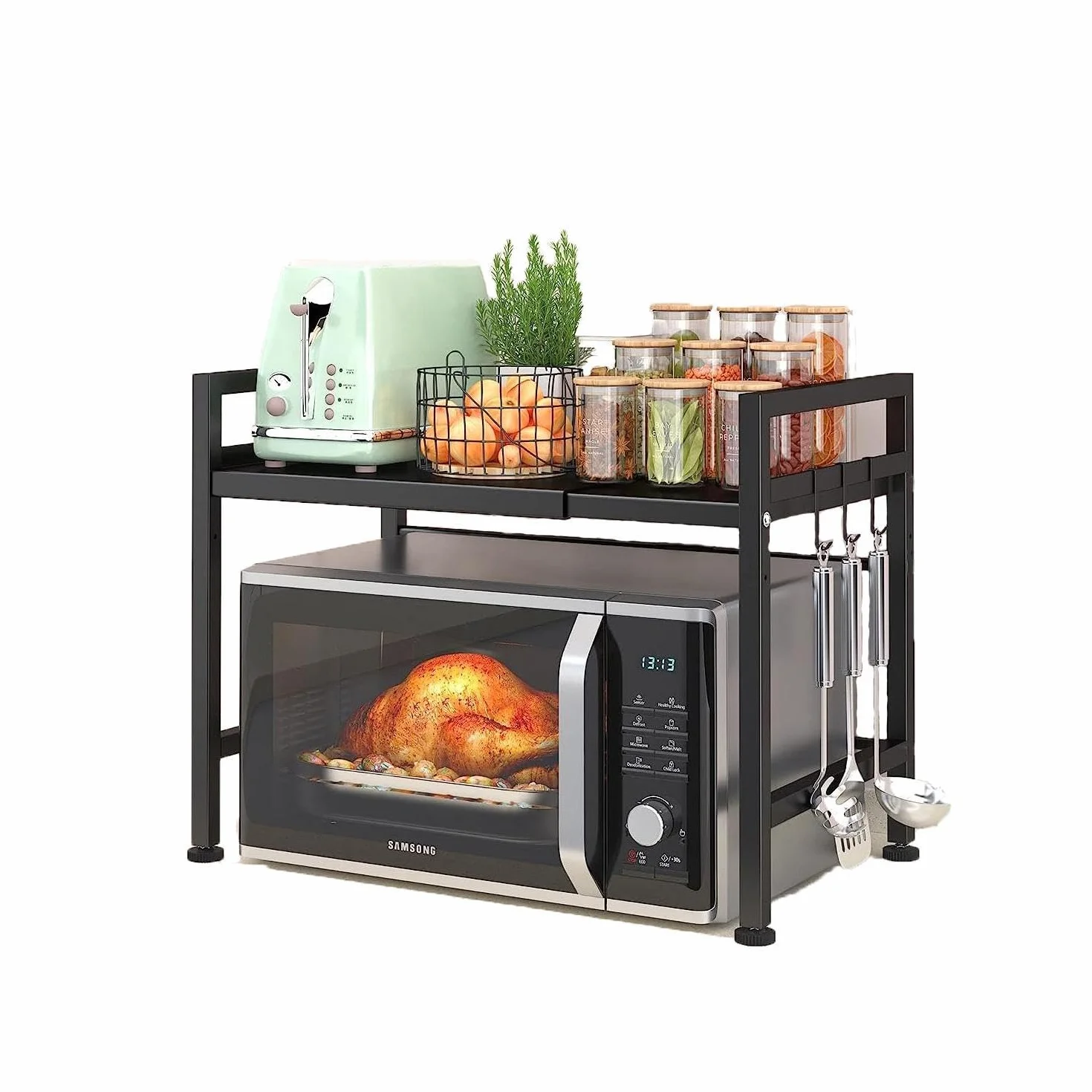 LUHWYJA Soporte Extensible para Horno de Microondas, Estante Ajustable, Rejilla para encimera de Cocina Organizador Estanteria Mueble con 6 Ganchos (2 Niveles, Negro)