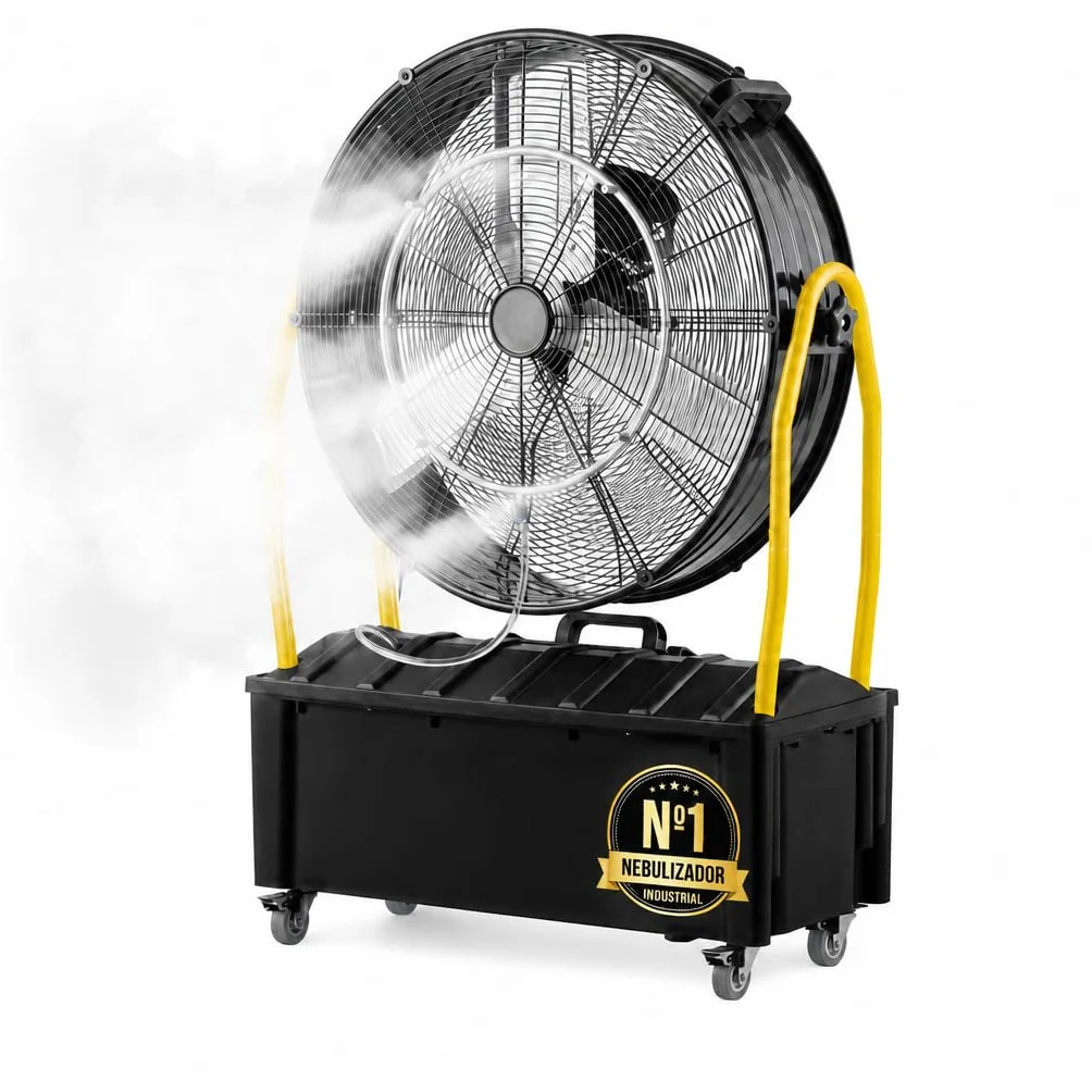 Ventilador Industrial Nebulizador de Pie con Depósito de Agua 25L, Motor 300W, 3 Aspas, 3 Velocidades, Diámetro 65 cm, Flujo 9870 m³/h, Cabezal Orientable, Ruedas Multidireccionales