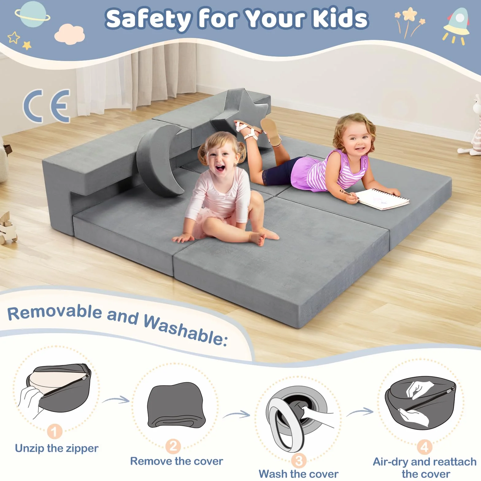 Sofá Infantil, Sofá Modular de Juego 9 Piezas para Niños, Sofá Combinable DIY con Cojines Luna y Estrella, Transformable en Sofá y Castillo de Juegos, Regalo Ideal para Niños (Gris)