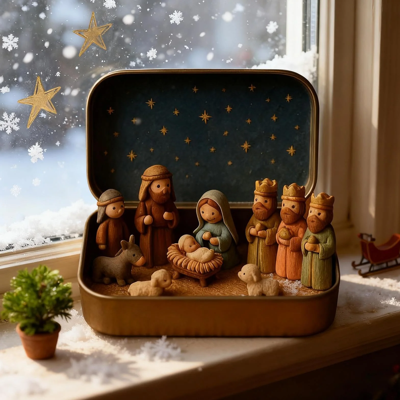 Mini Christmas Nativity Set En Caja Metálica, Belén Portátil De Bolsillo, Figuras Sagrada Familia Hecho A Mano