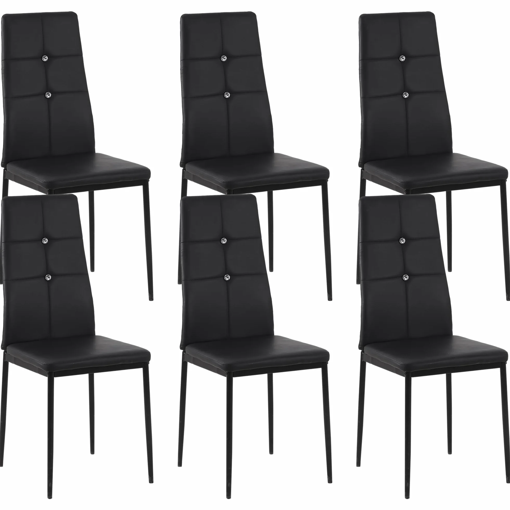 HOMCOM Juego de 6 Sillas de Comedor con Respaldo Alto para Salón Negro | Tapizada en PU, Sillas de Cocina Modernas, Botones, Patas de Acero, Dormitorio