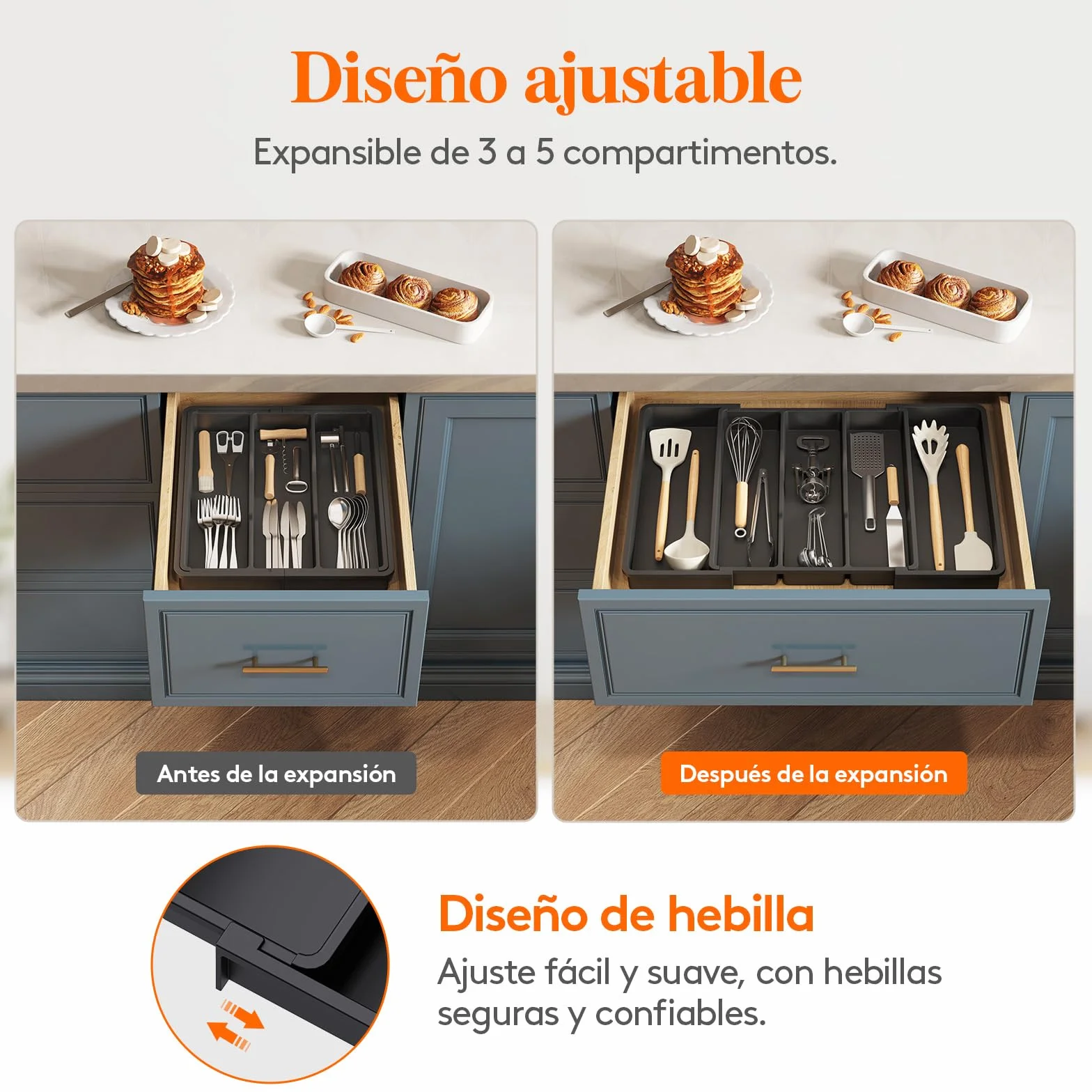 Lifewit Organizador de Cajones Expandible para Cocina, Ajustable 38-57 cm, Negro