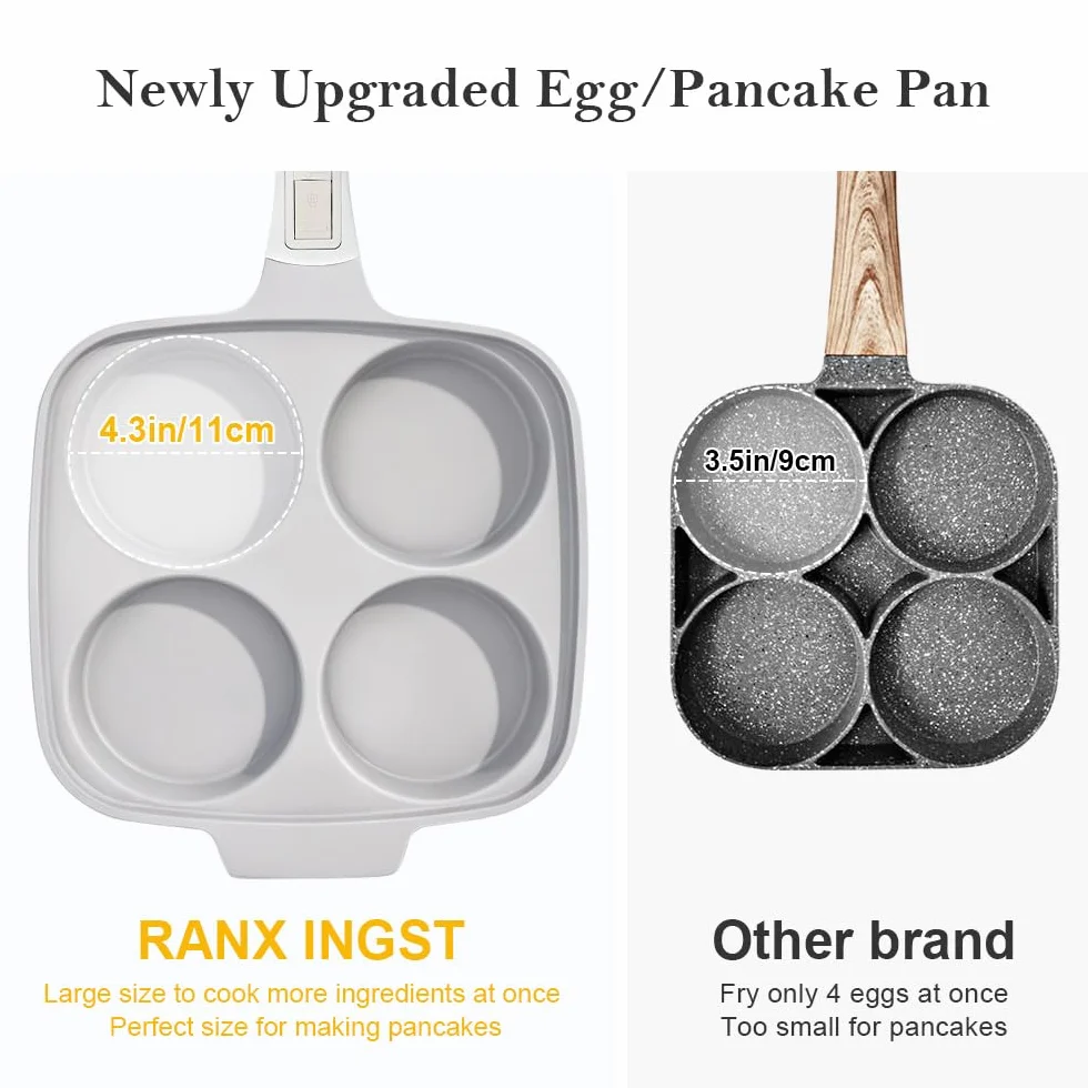 RANX INGST Sartén Grande para Huevos Fritos con Tapa 26 x 24 cm, Sartén Tortitas con Mango Extraíble, Revestimiento Cerámico Antiadherente, Sarten Tortilla de Aluminio para Desayuno, Blanco