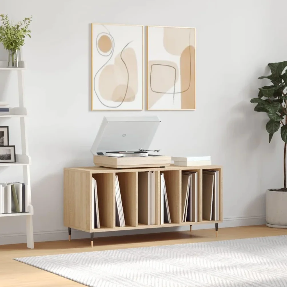 IKAYAA Mueble Tocadiscos de Madera 100x38x48 cm, Estanteria CD para Vinilos, WY23E Roble Sonoma