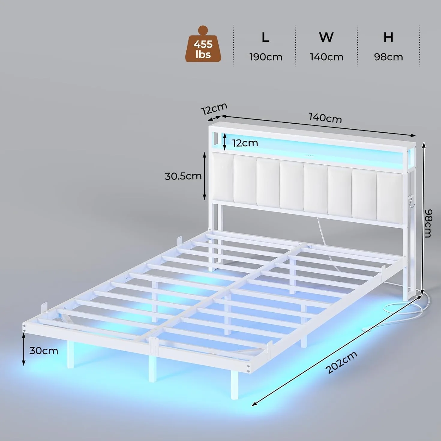 AOGLLATI Cama 140 x 190 cm con Iluminación LED y Estación de Carga, Camas Matrimoniales con Cabecero Tapizado en PU, Cama Matrimonio con Espacio de Almacenamiento, Diseño Visual Flotante, Blanco