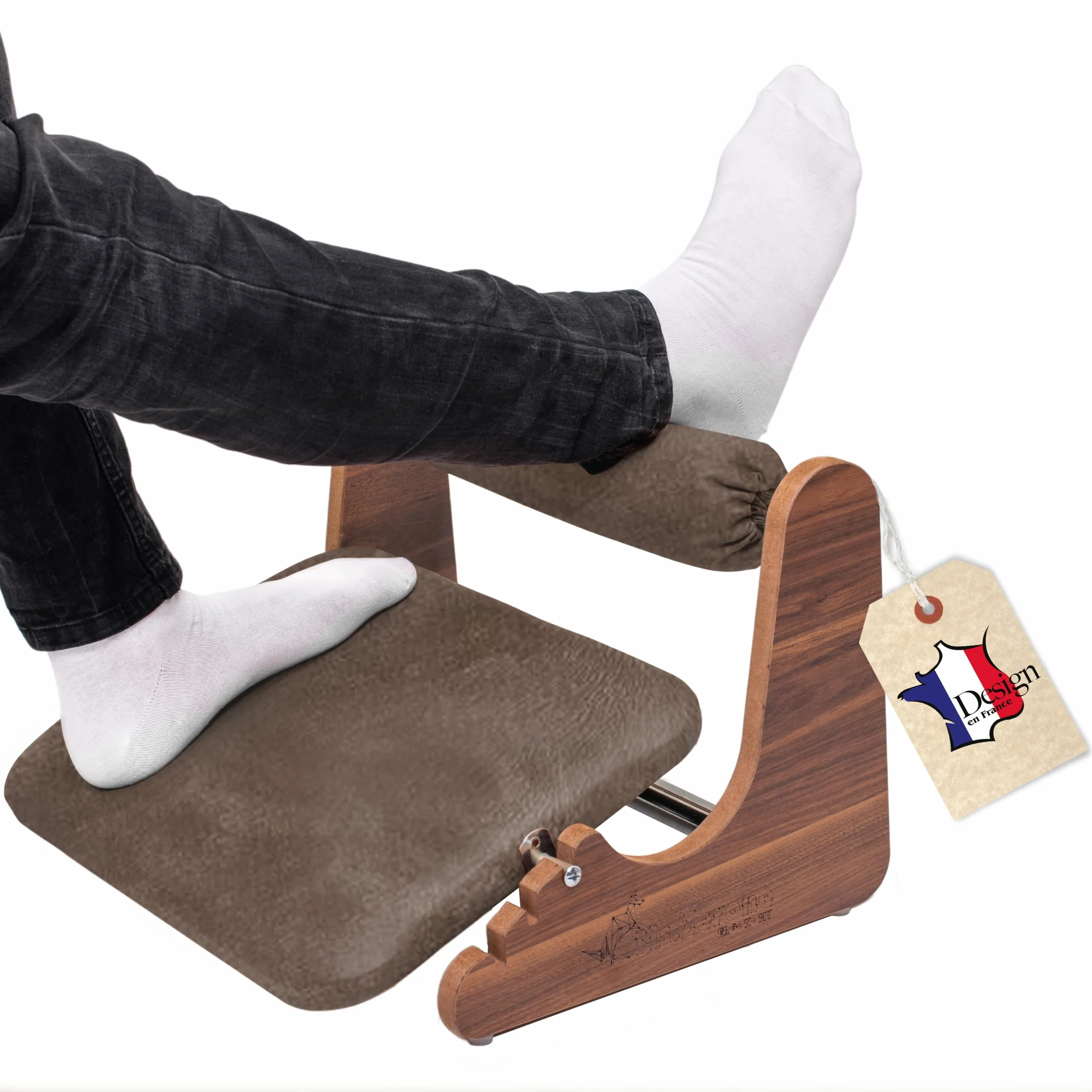 Reposapiés ergonómico de madera, 3 alturas ajustables (6/8/10 cm) - Soporte de tobillo de gamuza suave - Base basculante antideslizante - Comodidad para teletrabajo y oficina