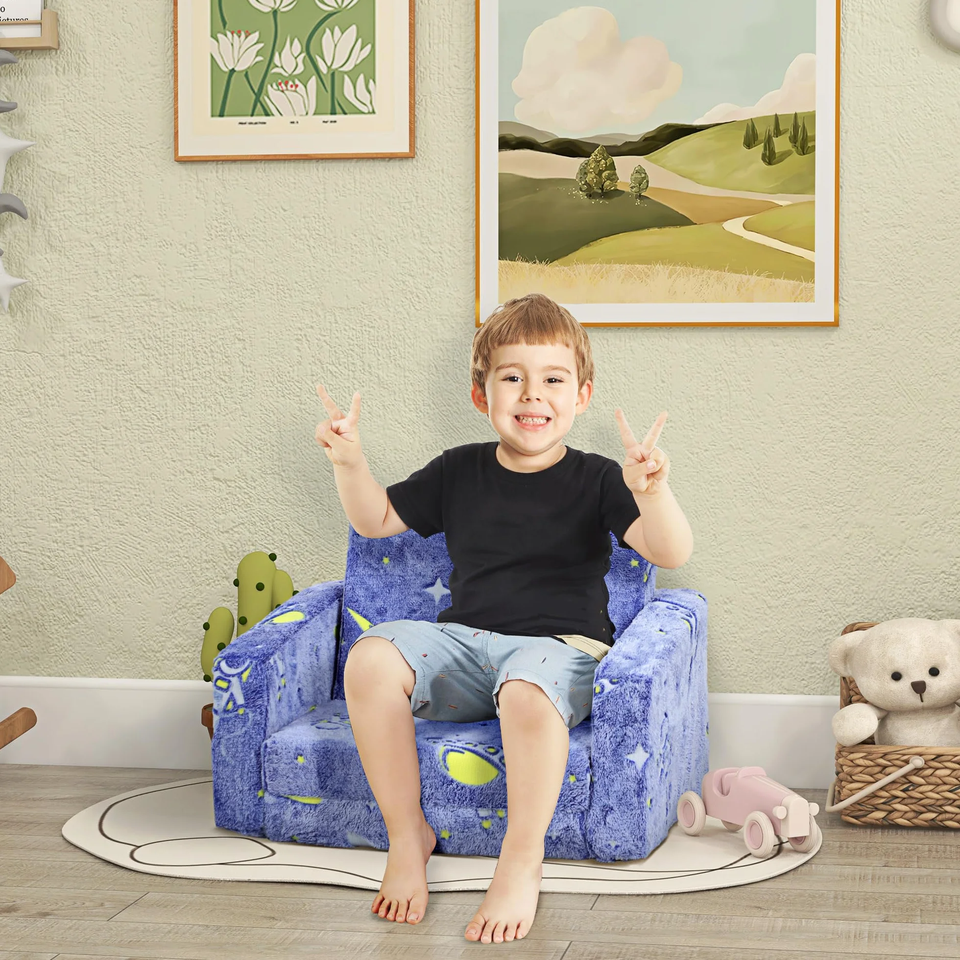 AIYAPLAY Sillón Infantil Plegable Sofá Infantil Reclinable 2 en 1 Sofá para Bebés Tapizado de Tela Luminosa Cojín y Funda Lavables para Dormitorio Salón Azul