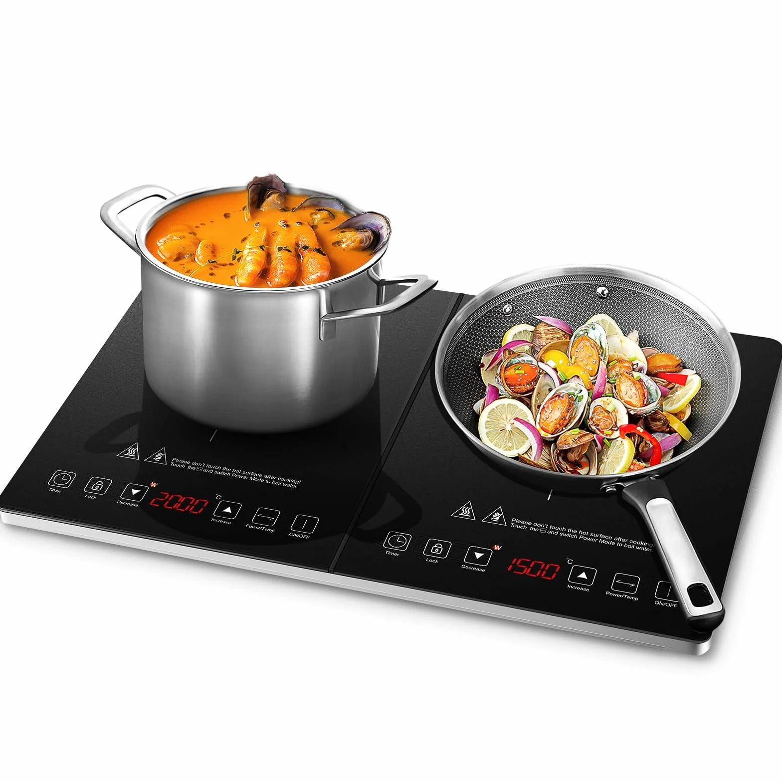 AMZCHEF Placa Inducción 2 Fuegos, Placa de Inducción Doble con Control Independiente, Bisel de Plata de Moda, 20 Niveles de Temperatura, Múltiples Niveles de Potencia, Temporizador de 3 Horas, 3500W