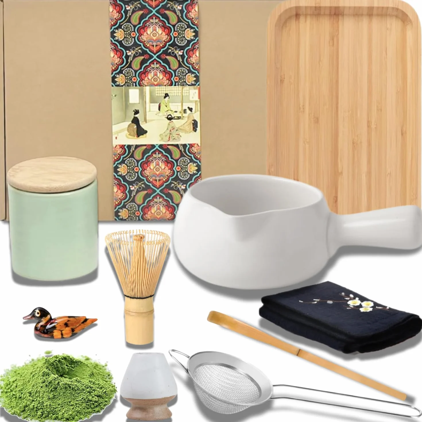 Juego de Té Matcha Japonés - Cuenco Con Boquilla de Vertido, Bandeja, Batidor, Soporte de Cerámica, Organizador de Polvo y Kit de Ceremonia