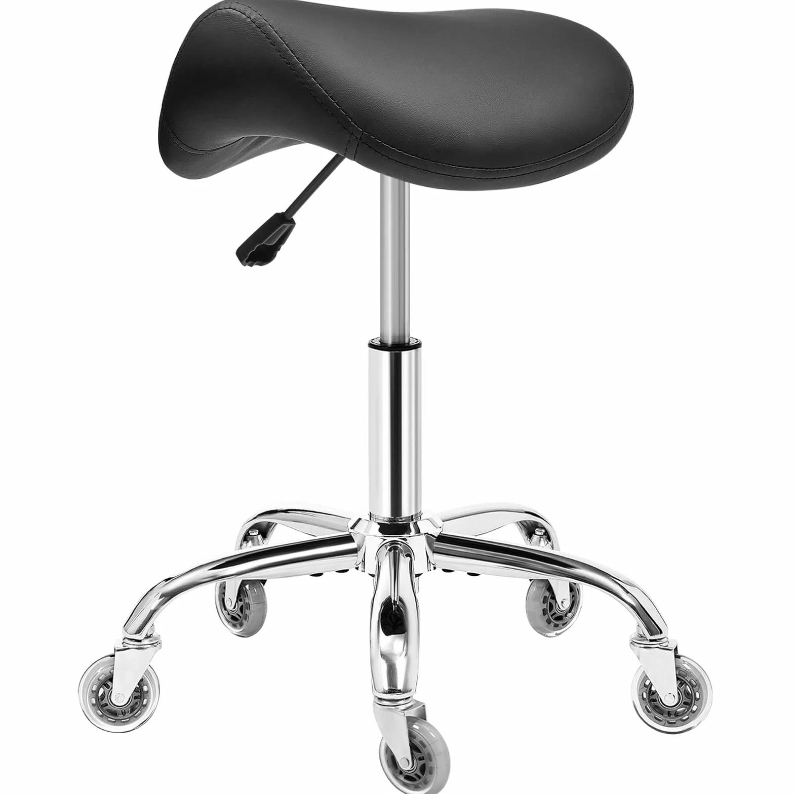 BEWISHOME Taburete Ergonómico de Silla de Montar con Ruedas, Ajuste Hidráulico Altura, Cojín Asiento Más Ancho, Adecuado a Peluquerías, Oficinas, Centros Masajes y Salones Belleza (Negro)