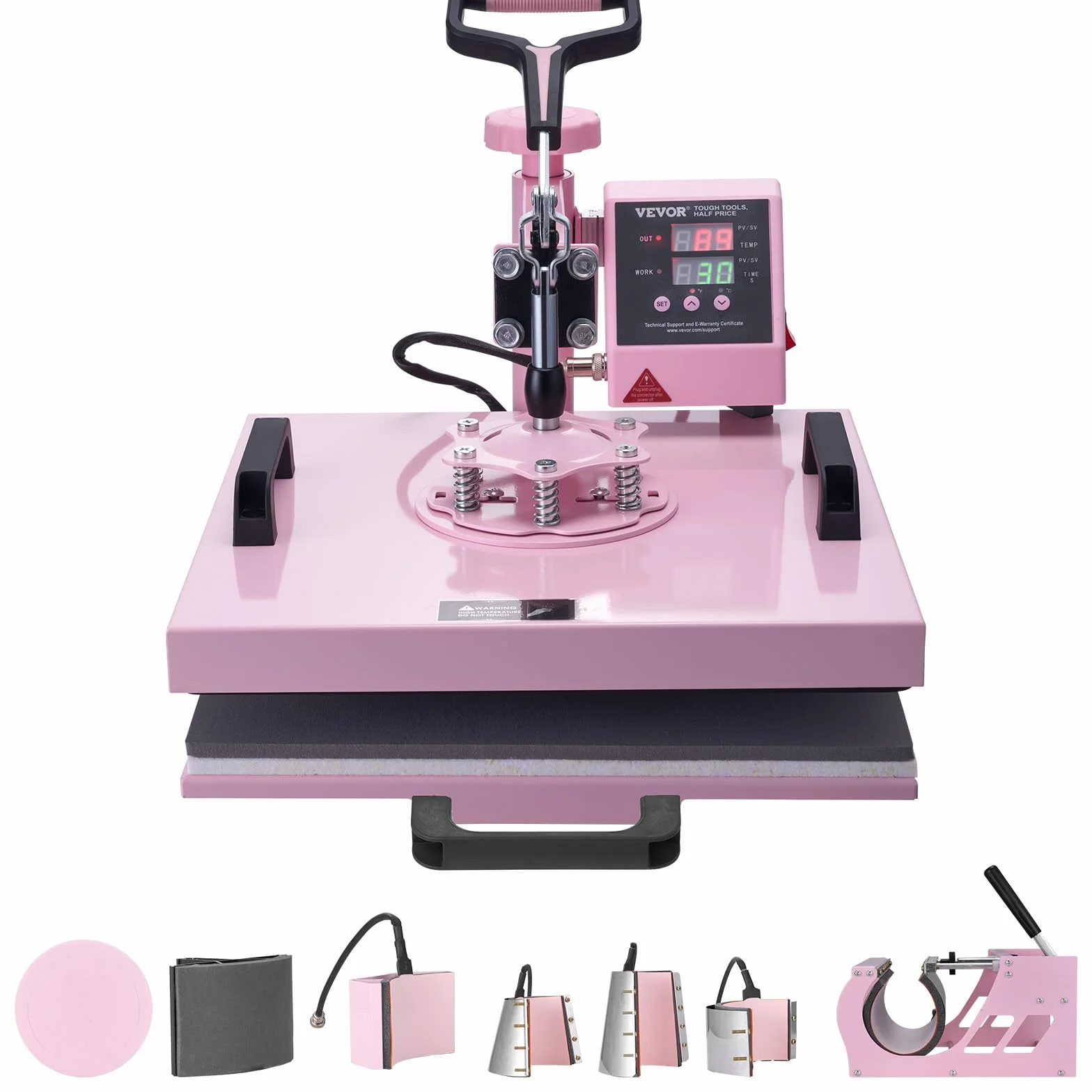 VEVOR 8 en 1 Máquina de Prensado por Calor con Prensa de Vaso de 325-887ml, 380 x 380 mm, Prensa Térmico con Giro de 360° con Control Digital Preciso para Camiseta, Taza, Sombrero y Plato, Rosa