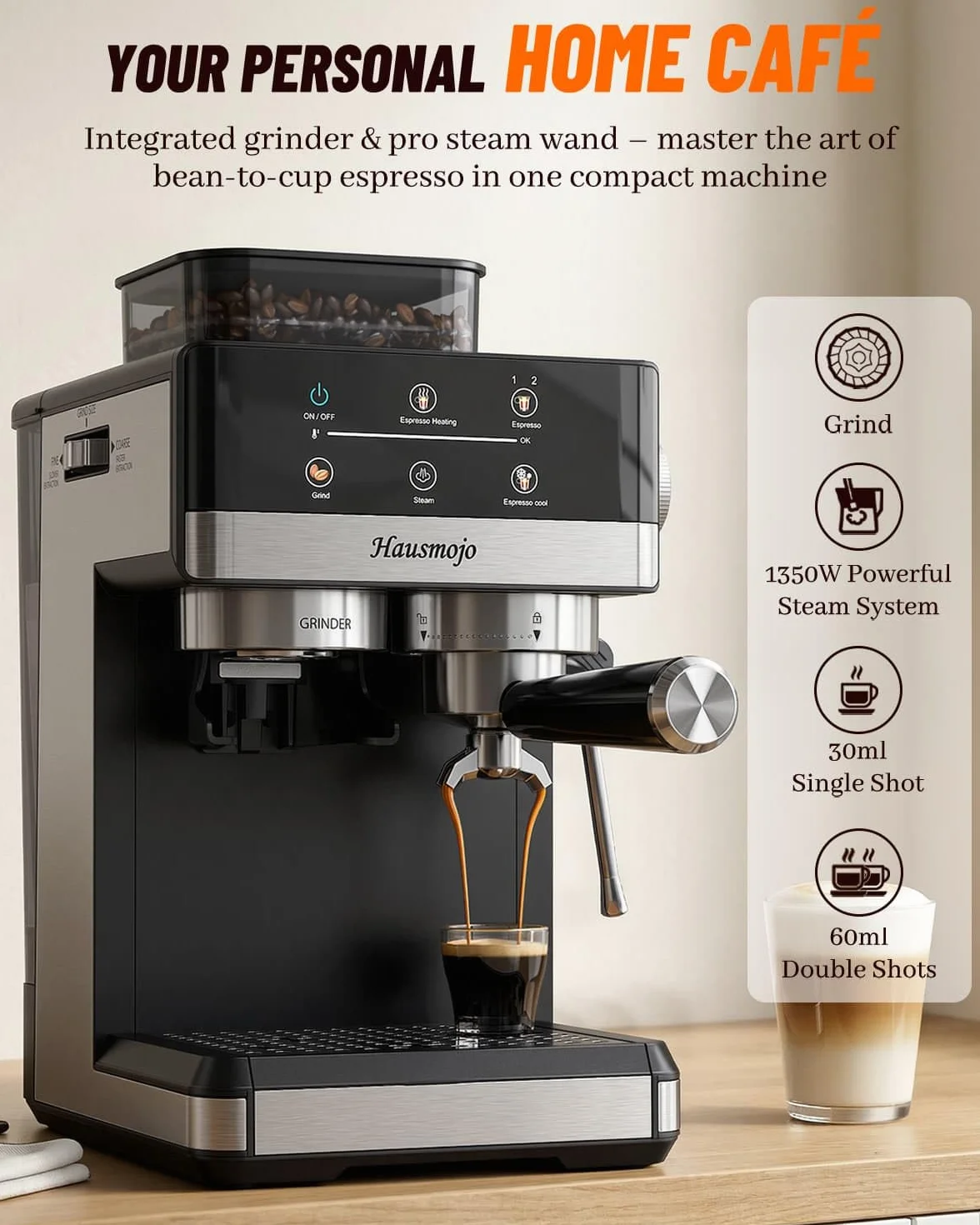 Máquina de café espresso con amoladora, cafetera compacta de 20 barras con espumador de leche, máquina de café profesional para el hogar, control táctil, capuchino y cafetera con leche