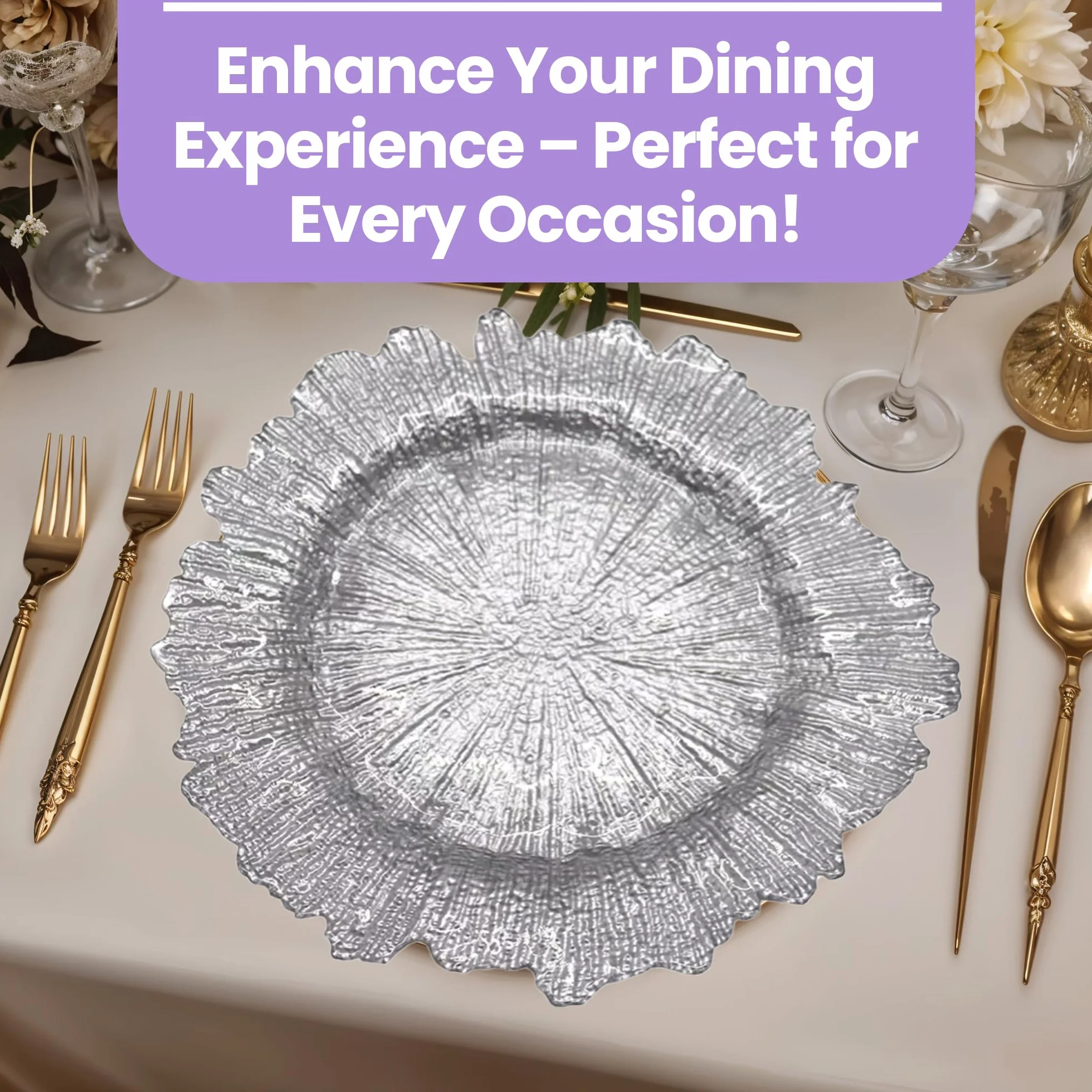 Platos de carga plateados de diseño vintage – 33 cm elegantes platos de polipropileno para bodas, fiestas, aniversarios, cumpleaños, vajilla, eventos de catering y eventos especiales – Juego de 6