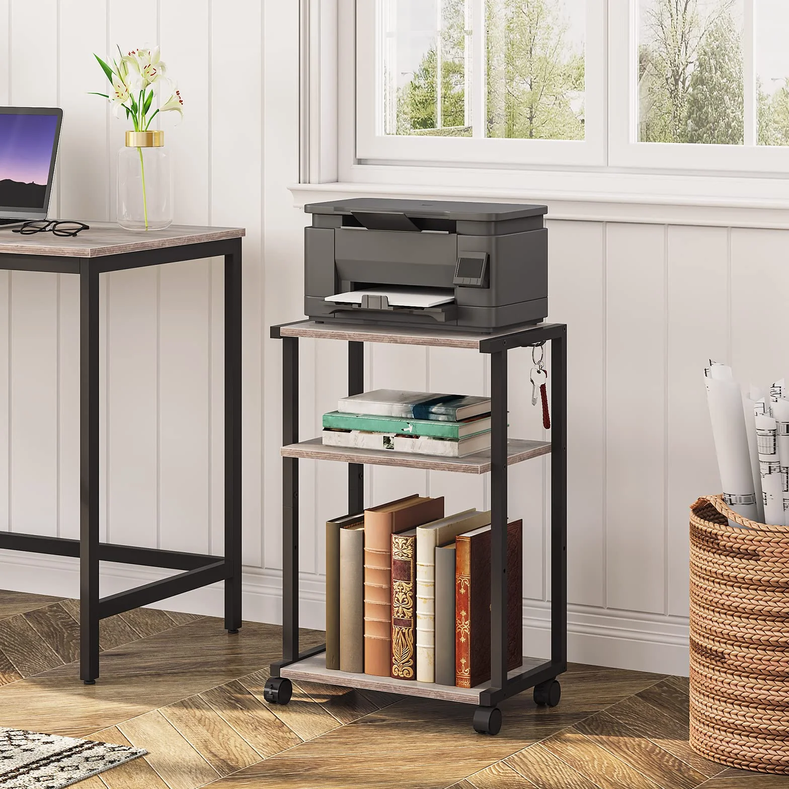 HOOBRO Soporte para Impresora, Carro de Impresora de Escritorio de 3 Estantes, con Pies Ajustables y Ruedas Bloqueables, para Oficina, Salón, Cocina, Estilo Industrial, Greige y Negro EBG28PS01N1