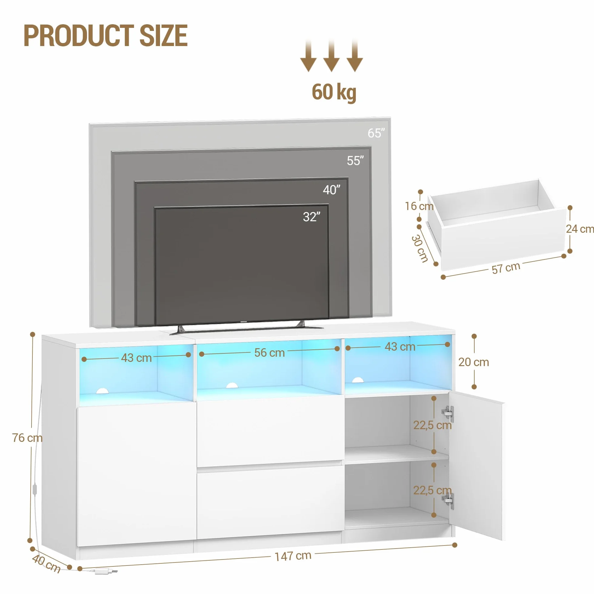 Hzuaneri Mueble de TV, Mesa de TV de hasta 65 Pulgadas, con Luces LED, 2 Cajones, 2 Gabinete y 3 Compartimentos, 147 x 40 x 76 cm, para Salón, Dormitorio, Blanco TV17003XEU
