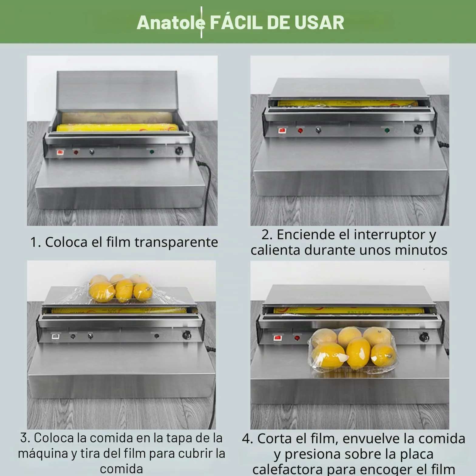 Anatole Envasadora de Film de Alimentos Frescos Comercial con Tabla de Calentamiento Integrada Sellador y Corte de Film Eléctrico Acero Inoxidable 450mm para Verduras Frutas Carne Supermercados