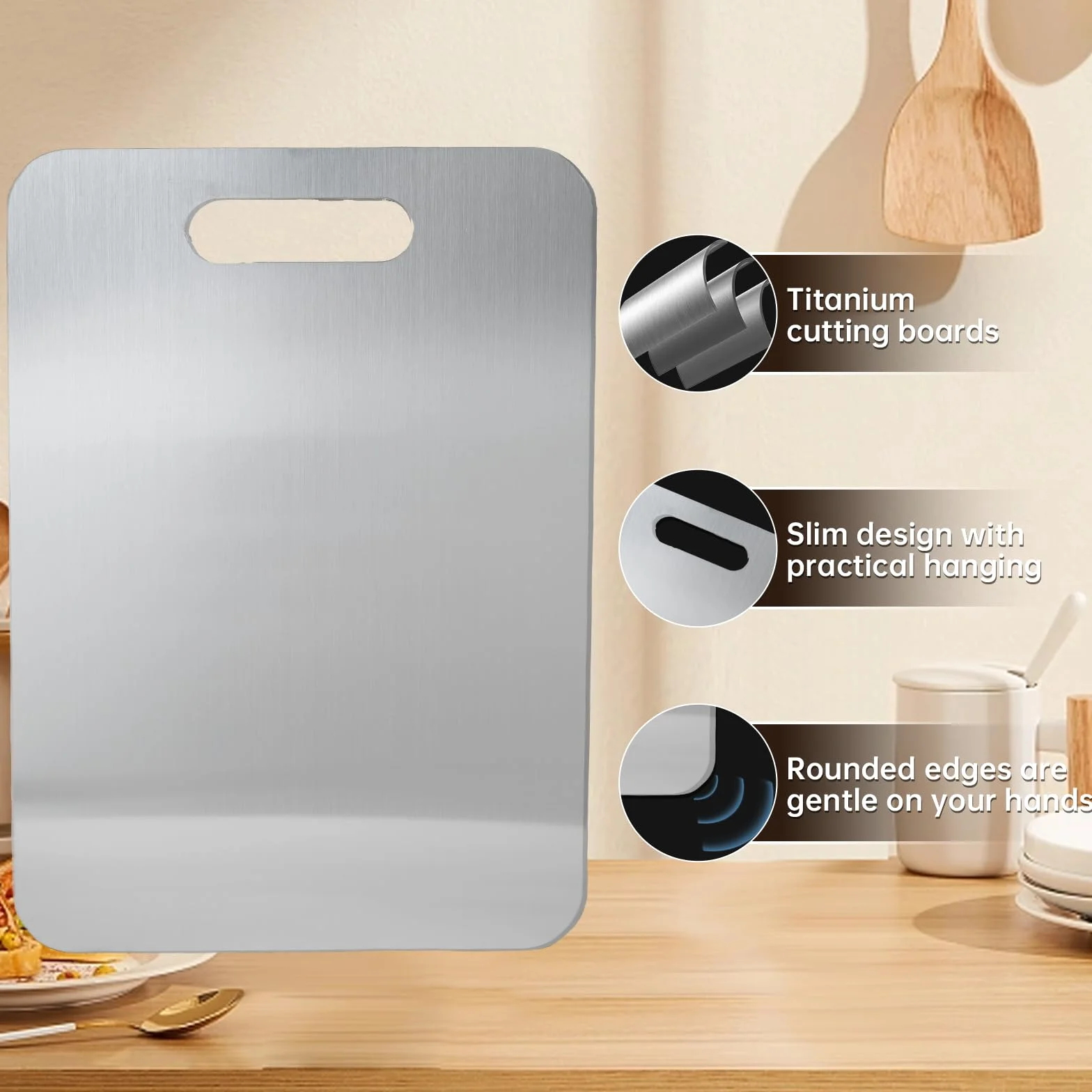 Tabla de Cortar de Acero Inoxidable Grado Alimenticio Doble Cara Titanio para Cocina Multifunción