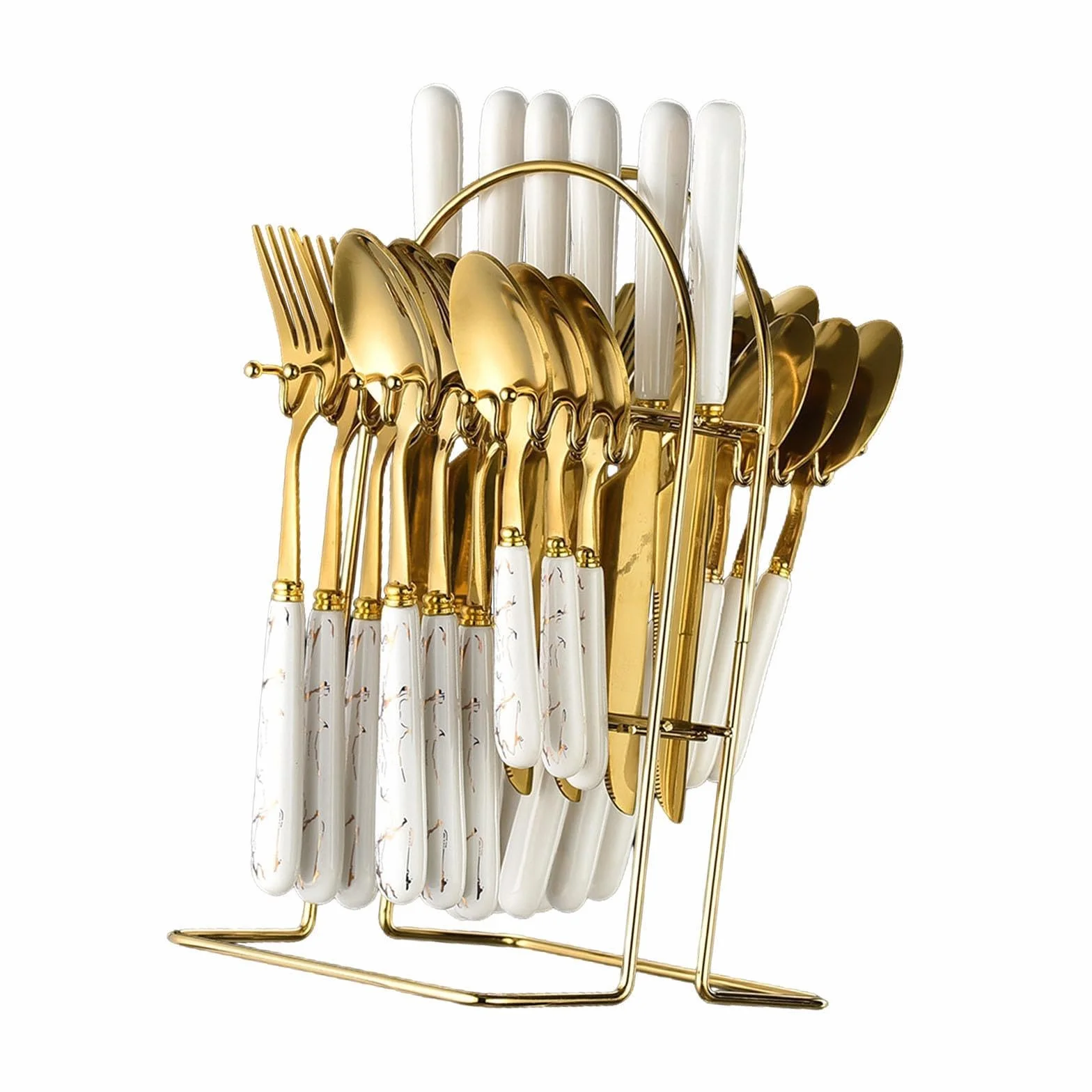 25 Piezas Vajilla de Cubiertos Acero Inoxidable Cerámica Ergonómica Pulido Soporte Colgante para Cenas Fiestas Y Hogar, Oro Blanco, Individual