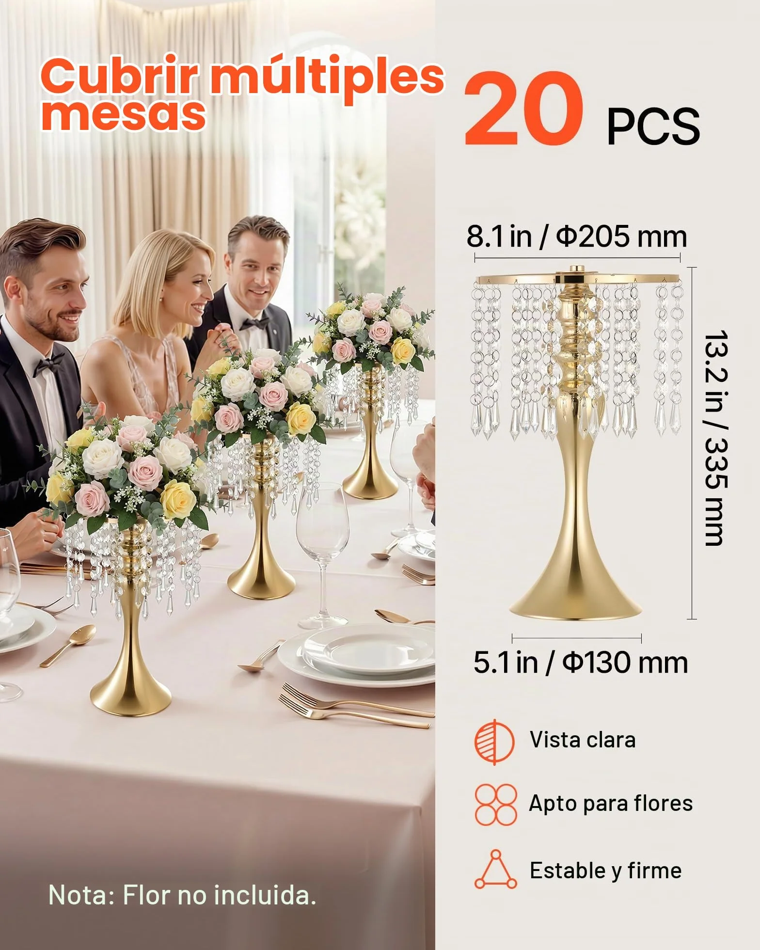 VEVOR Jarrones Decorativos, Paquete de 20 Piezas, Floreros de Metal Dorados con Cadena de Cristal, Altura de 33,5 cm, Centro de Mesa para Boda, Decoración para Banquete Ceremonia Fiesta Recepción