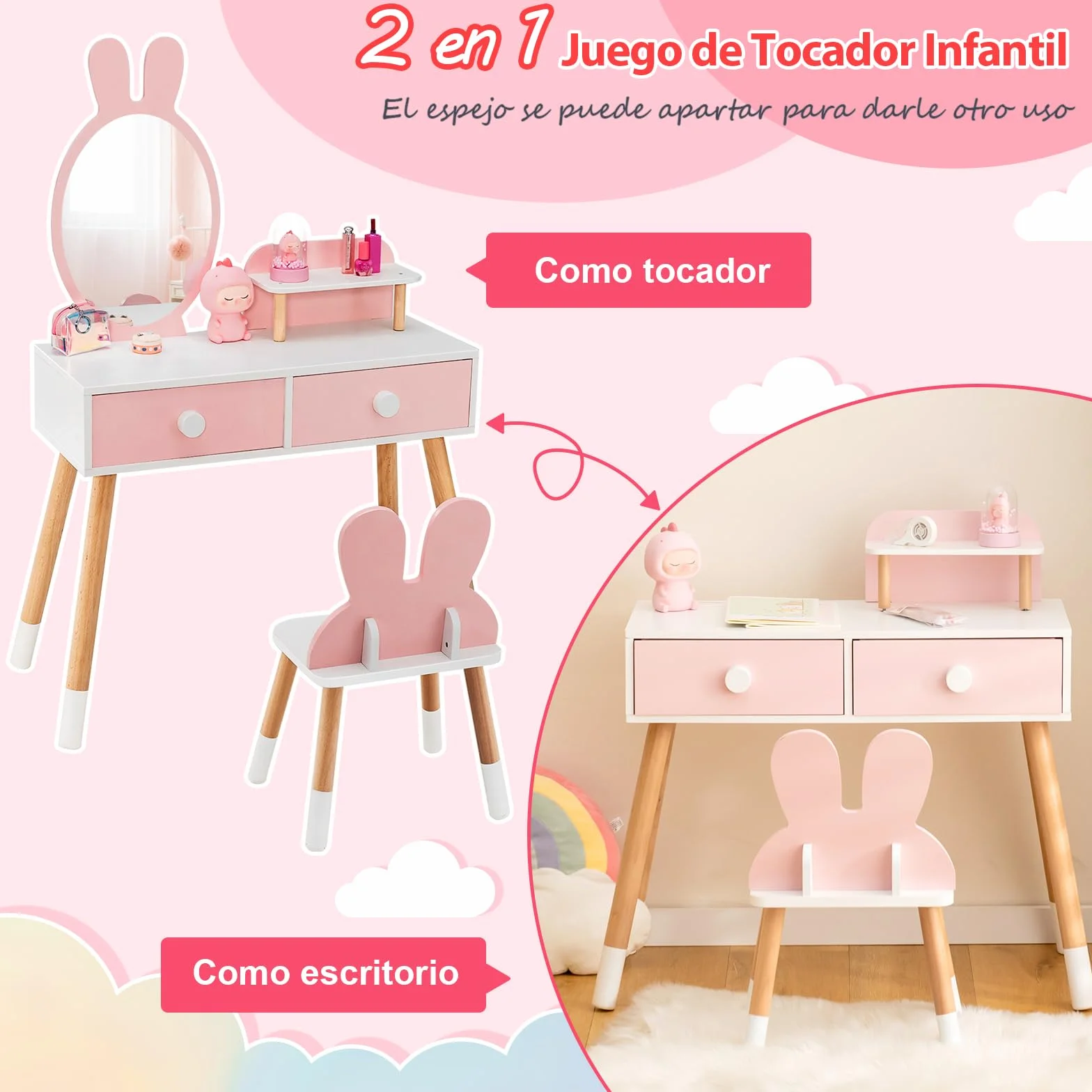 RELAX4LIFE 2 en 1 Tocador de Maquillaje para Niña con Espejo Extraíble, Taburete, 2 Cajones, 3 Accesorios, Madera, Rosa 3-7 Años