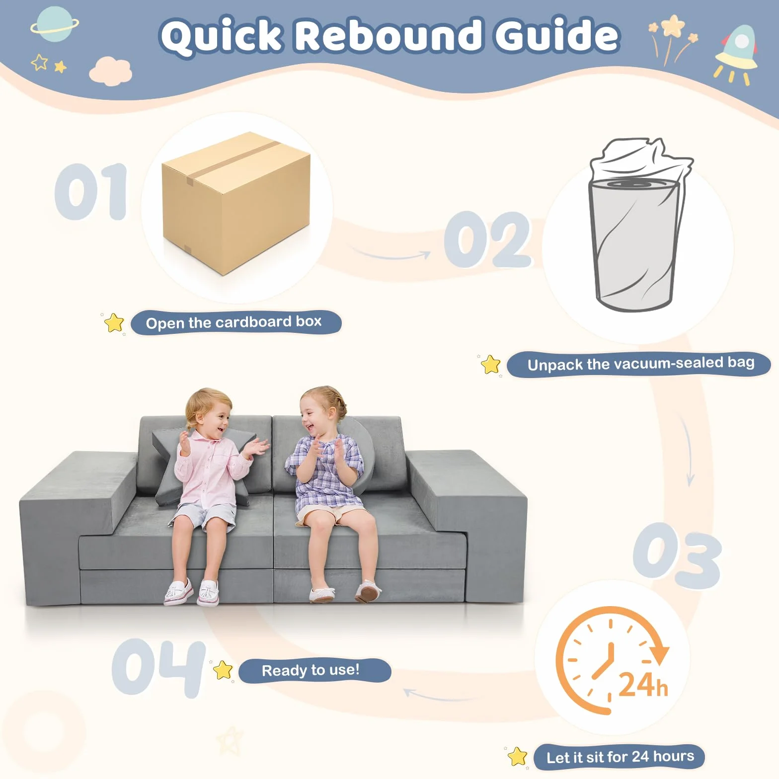 Sofá Infantil, Sofá Modular de Juego 9 Piezas para Niños, Sofá Combinable DIY con Cojines Luna y Estrella, Transformable en Sofá y Castillo de Juegos, Regalo Ideal para Niños (Gris)