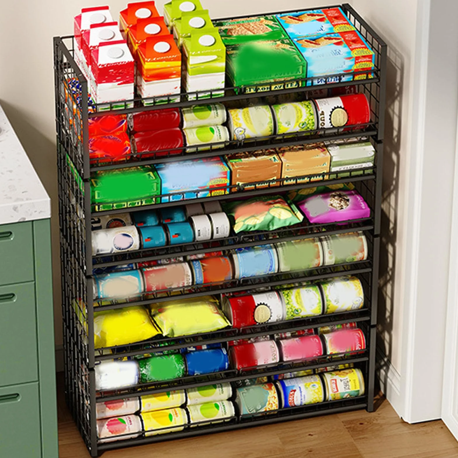 Kikumi Organizador de Latas Apilable de 2 Niveles, Estante de Almacenamiento de Latas Ajustable de Acero Al Carbono con Capacidad para 64, con Diseño de Estante Inclinado para