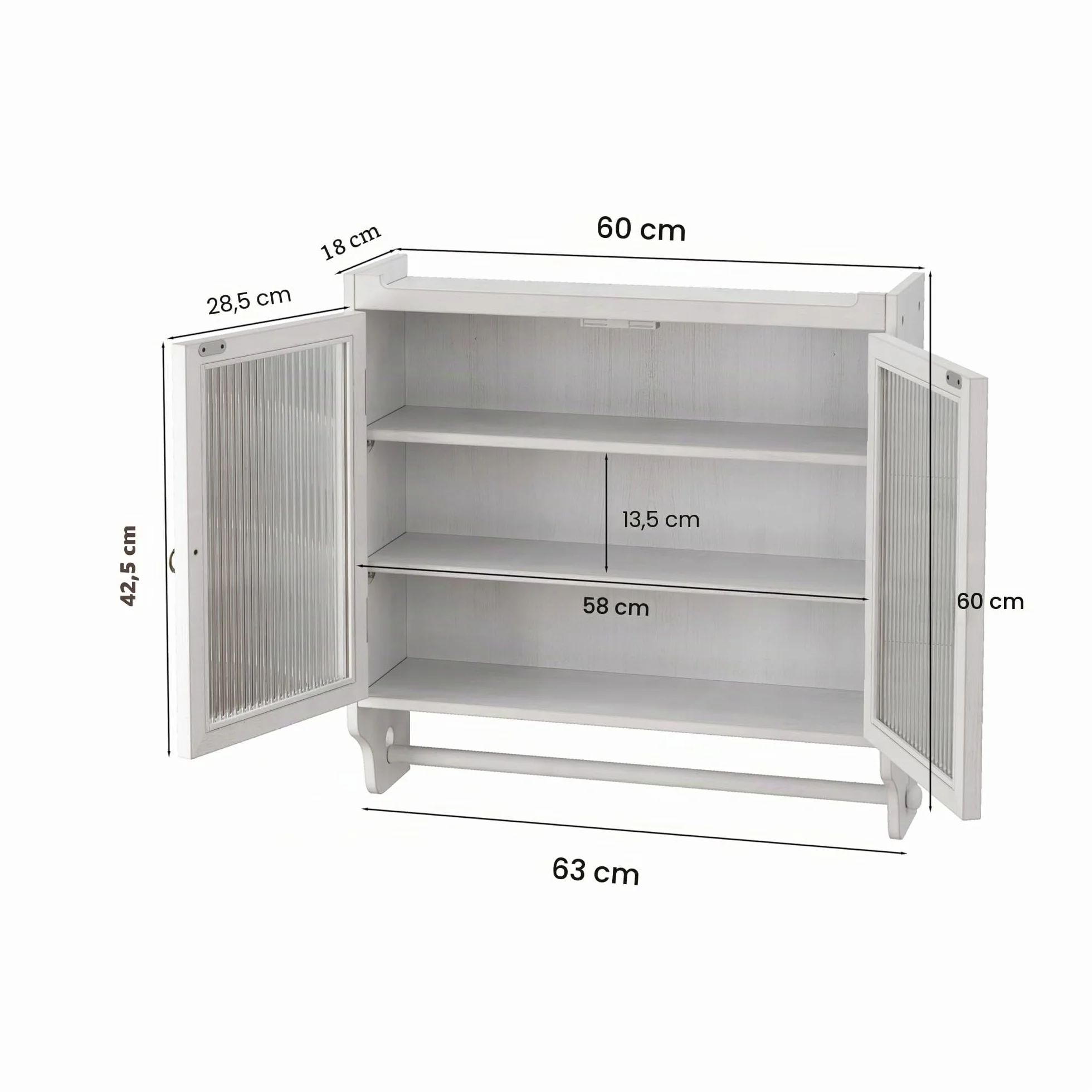Gabinete de pared vintage de doble puerta de cristal con tres niveles de almacenamiento y estante de toalla, para baño, cocina o sala de comedor, blanco lavado (blanco)