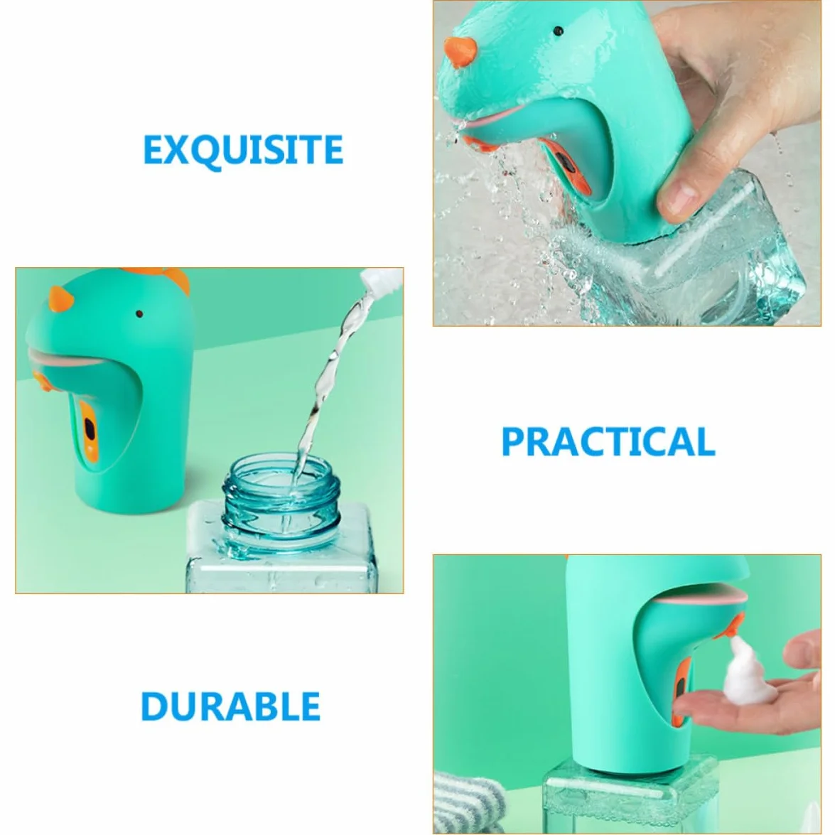 TEHAUX Dispensador de Jabón sin Contacto Dispensador de Jabón Automático de Dinosaurio de Dibujos Animados, Verde, Silicona, Abs y Petg, Antideslizante, Ligero, Cocina y Uso Diario
