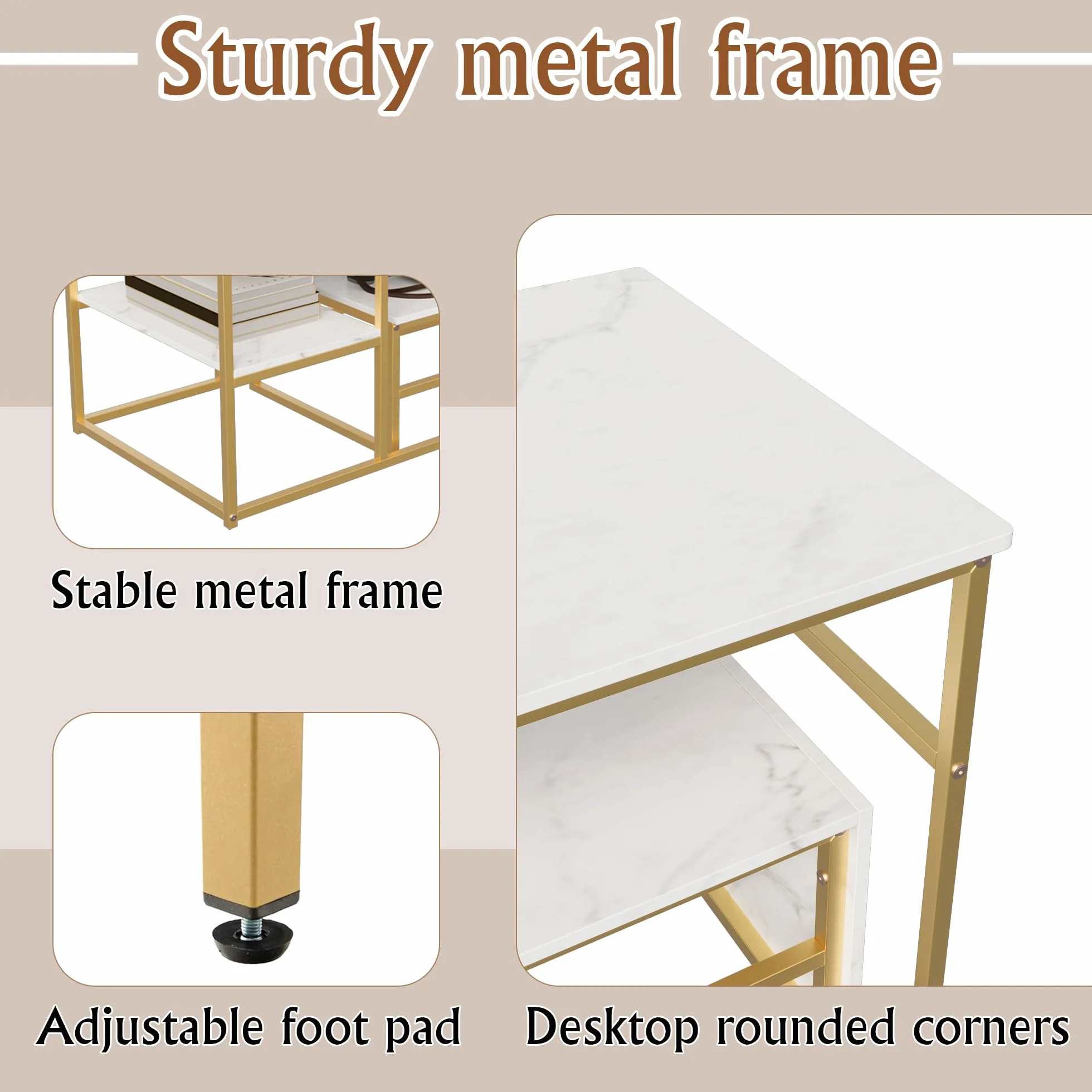 Juego de 2 Mesas de Salón Rectángulo: Mesa Centro + Auxiliar - Mesa de Café Anidables con Estructura Metal para Sala de Estar,Modernas,Blanco Dorado