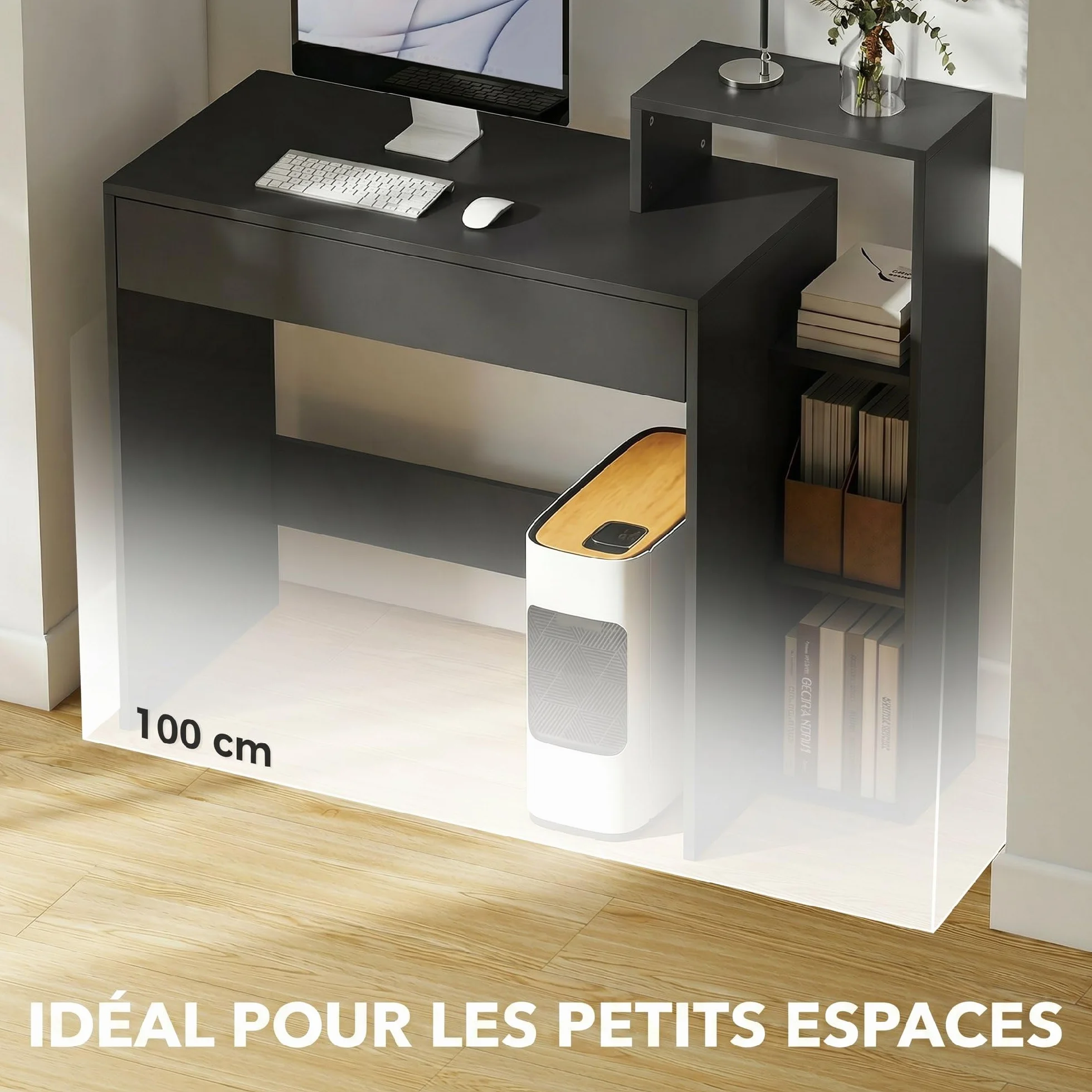 HOMCOM Escritorio con Almacenamiento, Escritorio PC, 100x40x90 cm, Negro | con 3 estantes, cajón, estación de trabajo, Escritorio de computadora para teletrabajo, sala de estar