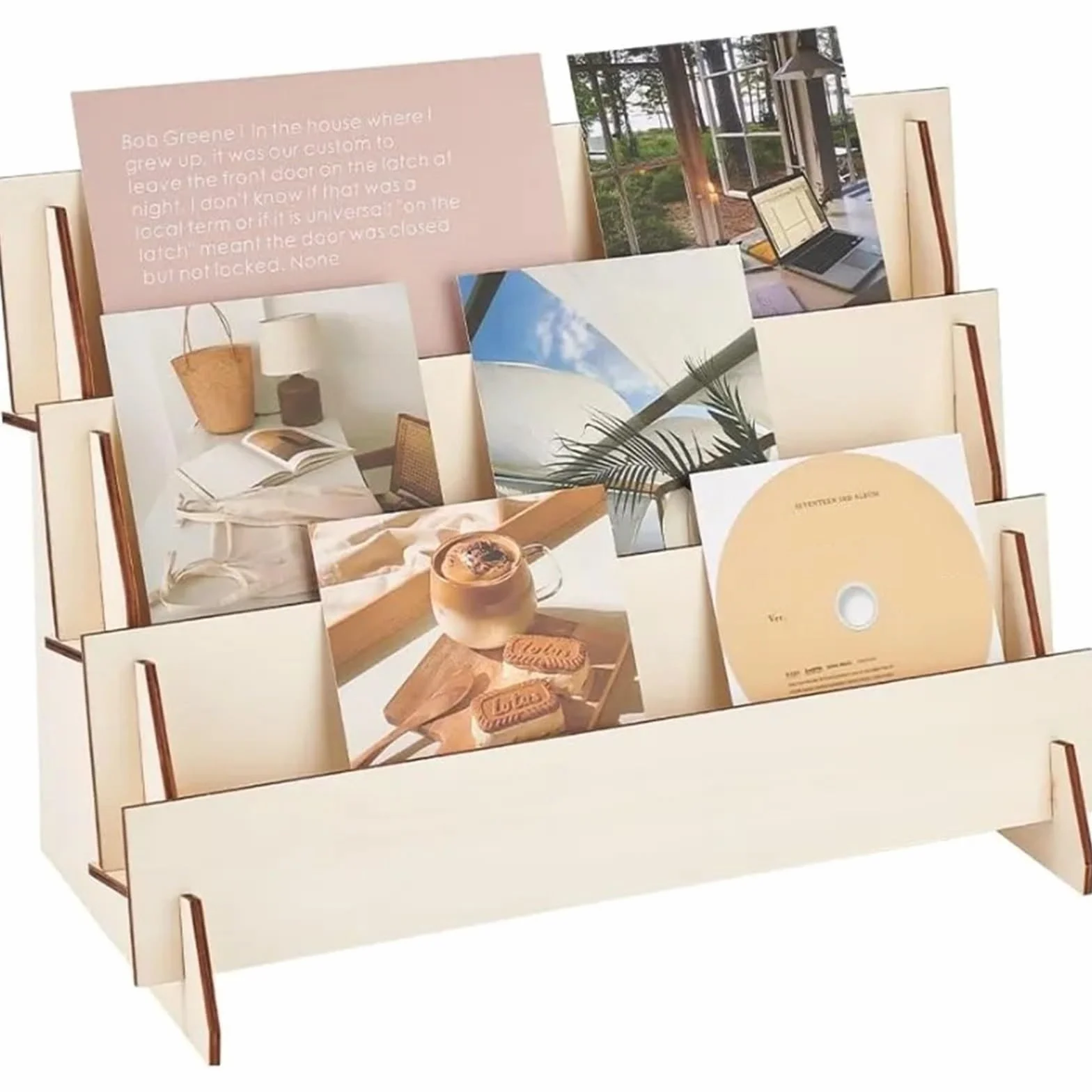 Expositor De Tarjetas De Felicitación Soporte de exhibición de tarjetas de felicitación de 3 niveles, soporte de exhibición de pegatinas de madera, elevadores de exhibición de pegatinas de madera, org