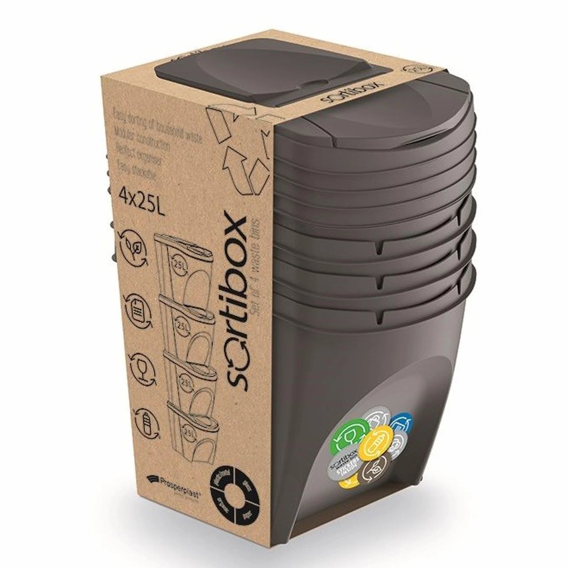 Set de 4 cubos de basura KEDEN SORTIBOX papelera reciclaje, gris, volumen 4x25L