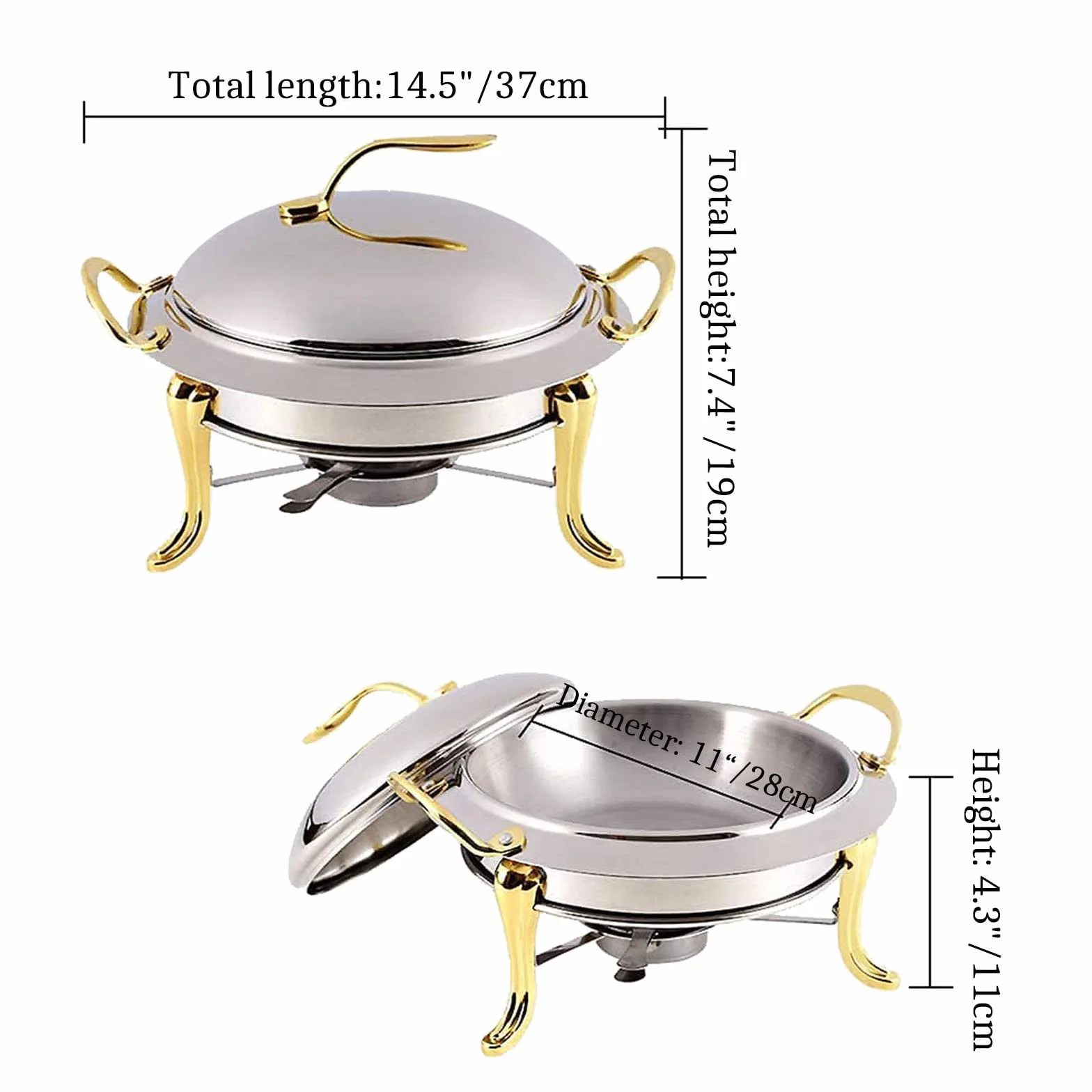 Juego de 3 platos redondos de acero inoxidable dorado de tamaño completo, calentador de alimentos con tapas y soportes de combustible, vajilla elegante para eventos