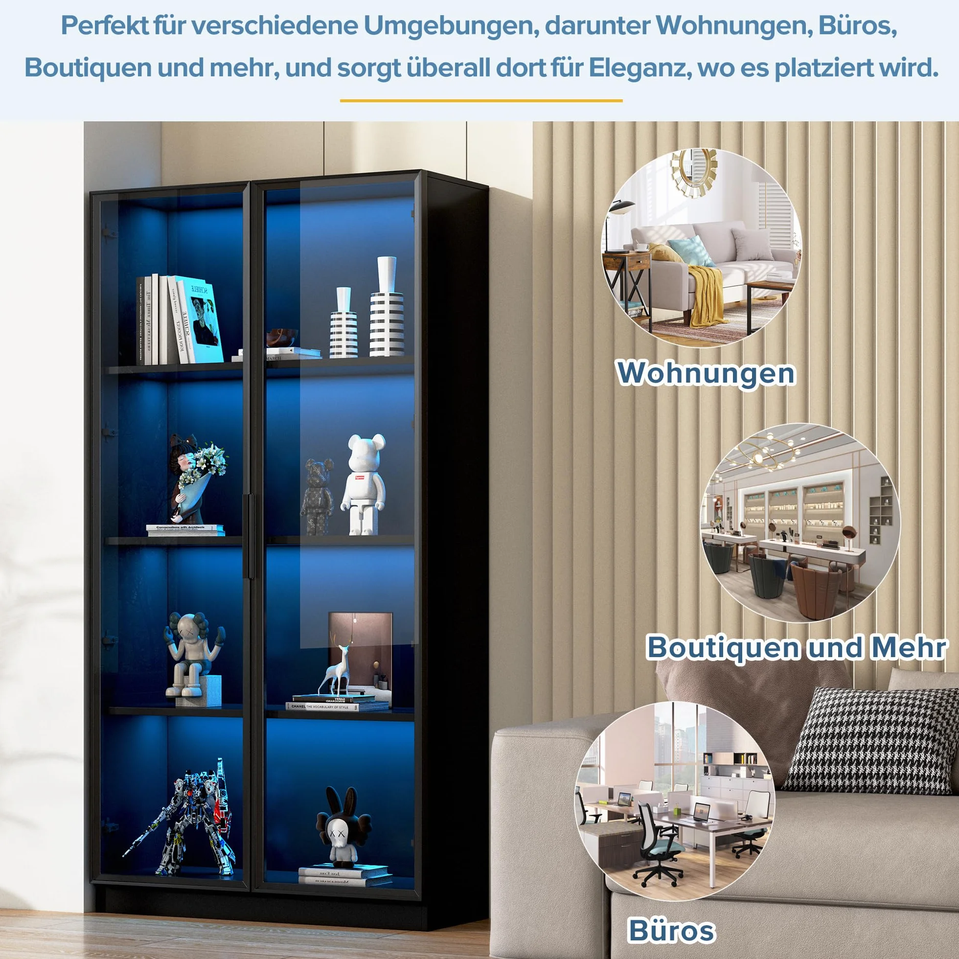 Kebnor Vitrina de cristal con aplicación de iluminación LED, vitrina de doble puerta con estantes móviles, 80 x 40 x 160 cm, armario alto para salón, vitrina de pie, armario de baño
