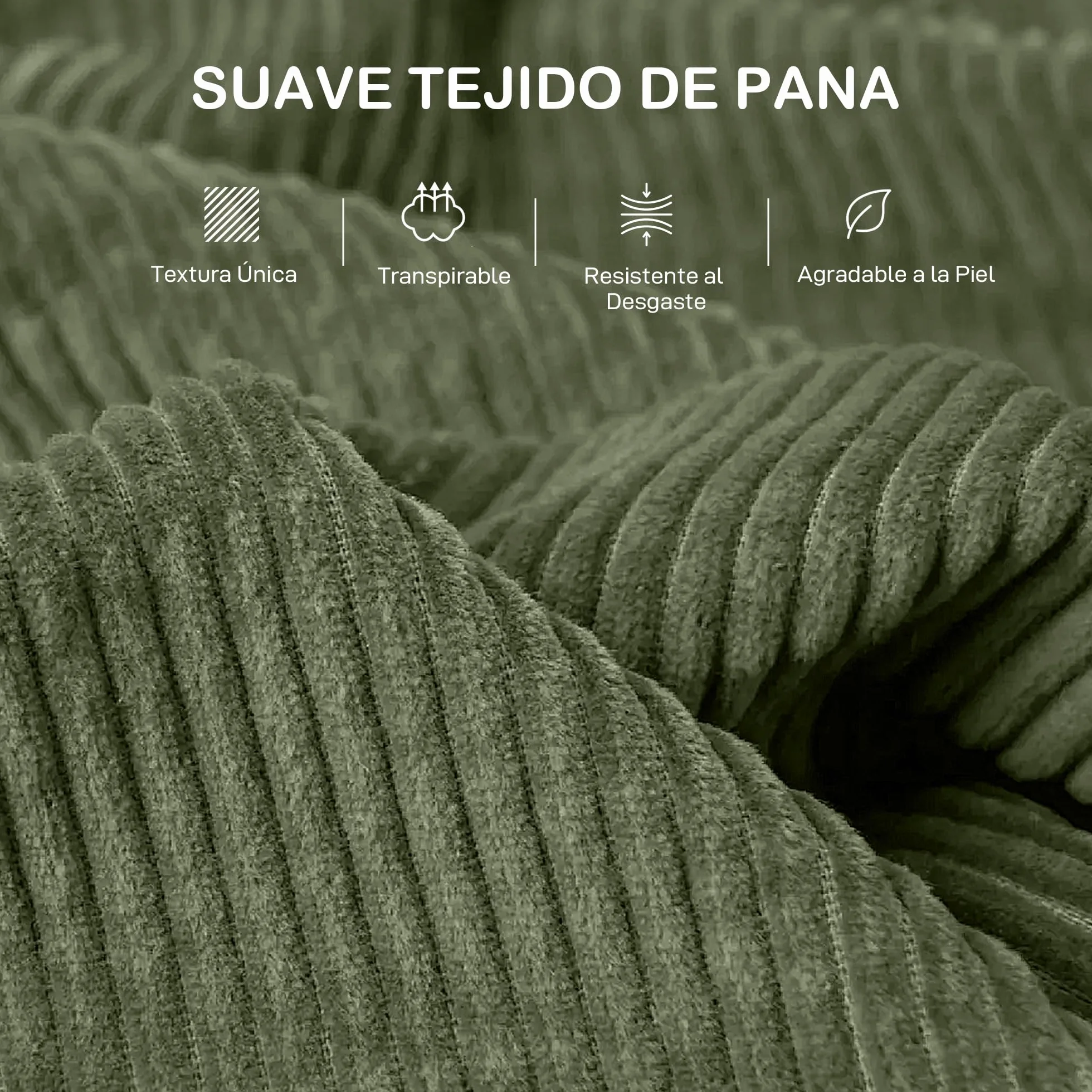 HOMCOM Sofá de 3 Plazas Sofá de Salón 212x80x88 cm Tapizado en Pana con 2 Almohadas Reposabrazos y Cojín de Muelles Diseño Moderno para Sala de Estar Dormitorio Verde