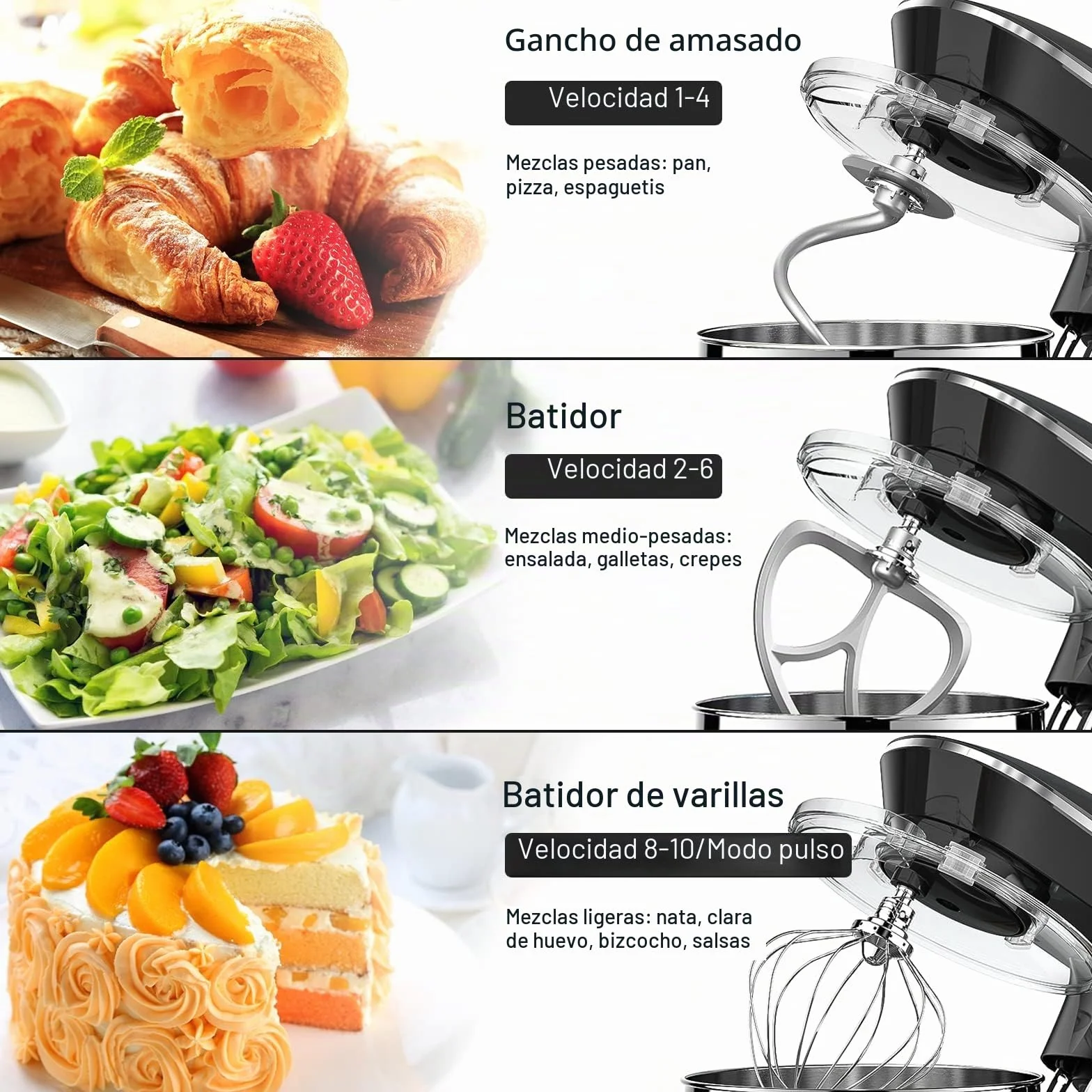 Batidora Amasadora Vezzio 8.5L Repostería Profesional 1500 W 6 Velocidades Robot de Cocina Batidora Multifunción Bajo Ruido Bol de Acero Inoxidabl, Amasador, Batidor y Varillas (Black)